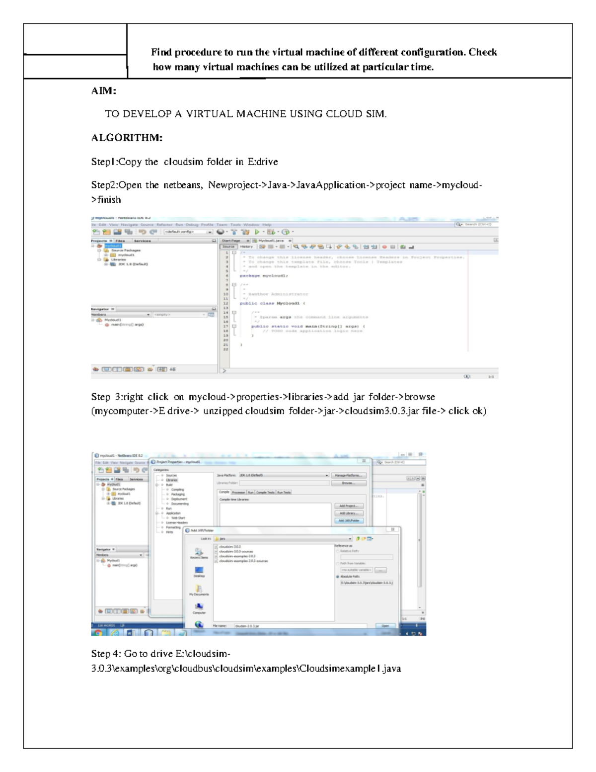 Cc Lab Exercise 2: Developing a VM Using CloudSim Configuration - Studocu