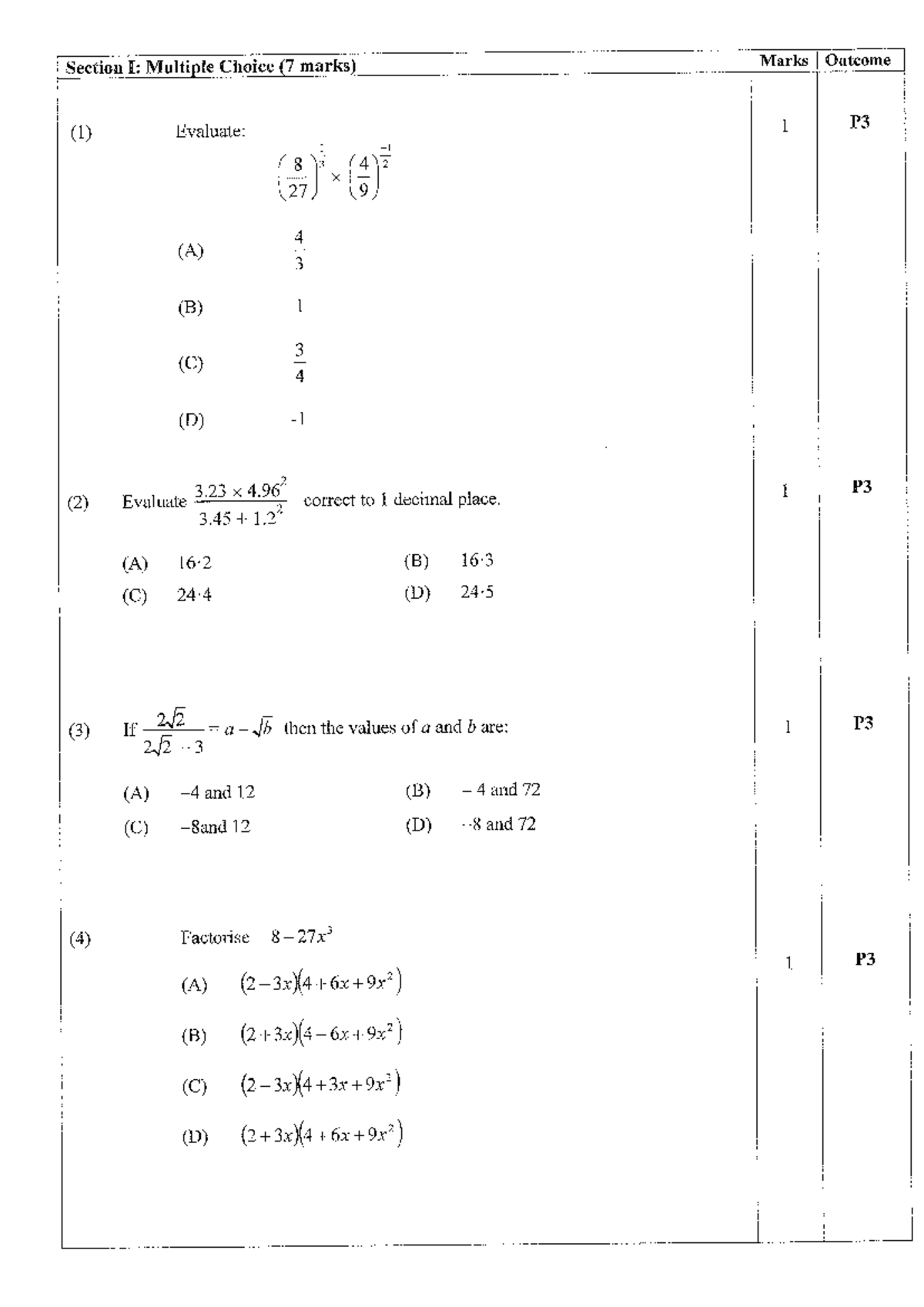 Yr 11 Mathematics Half Yearly Exam 2013 - Multiple Choice & Questions ...