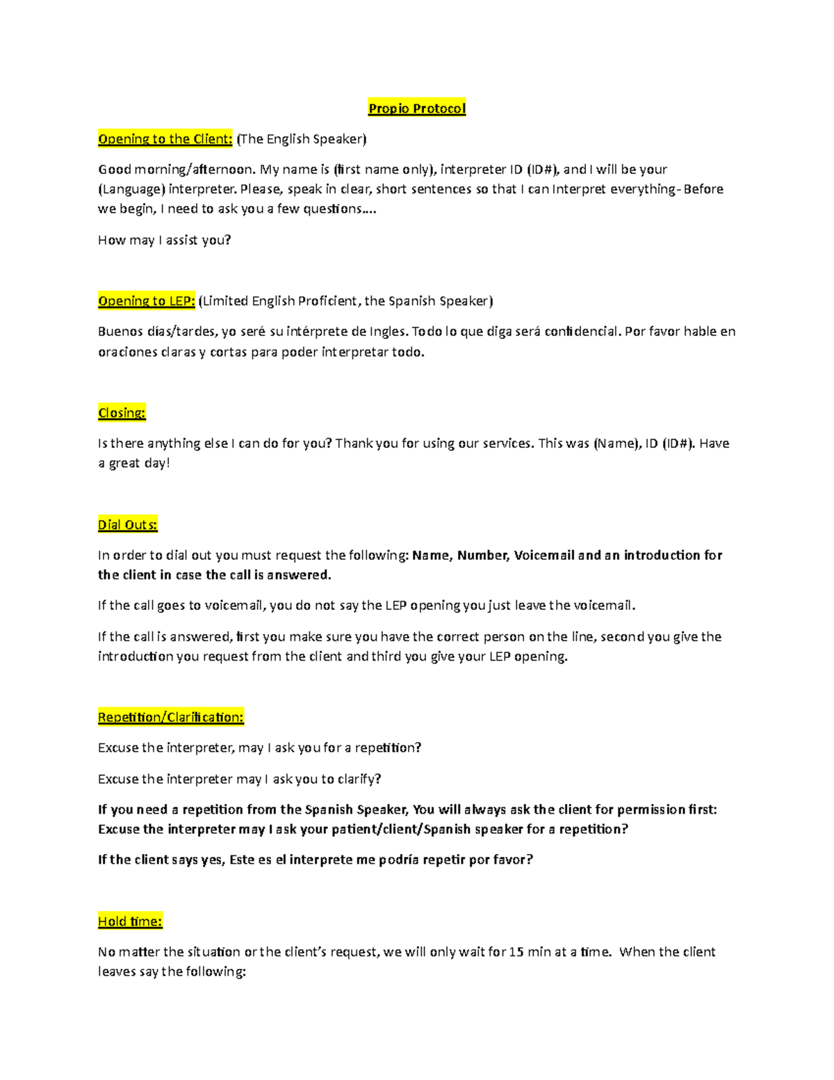 New propio protocol for client interactions: interpreter guidelines ...