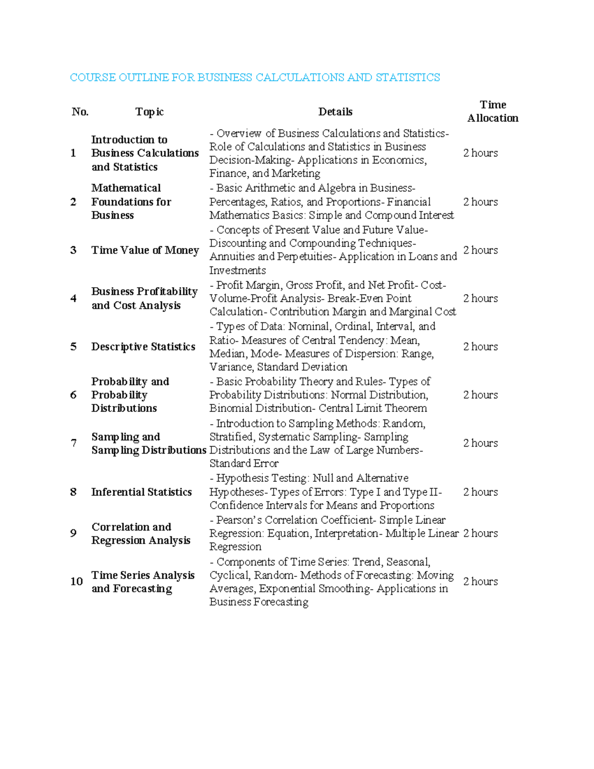 Course Outline for BUS 101: Business Calculations & Statistics - Studocu