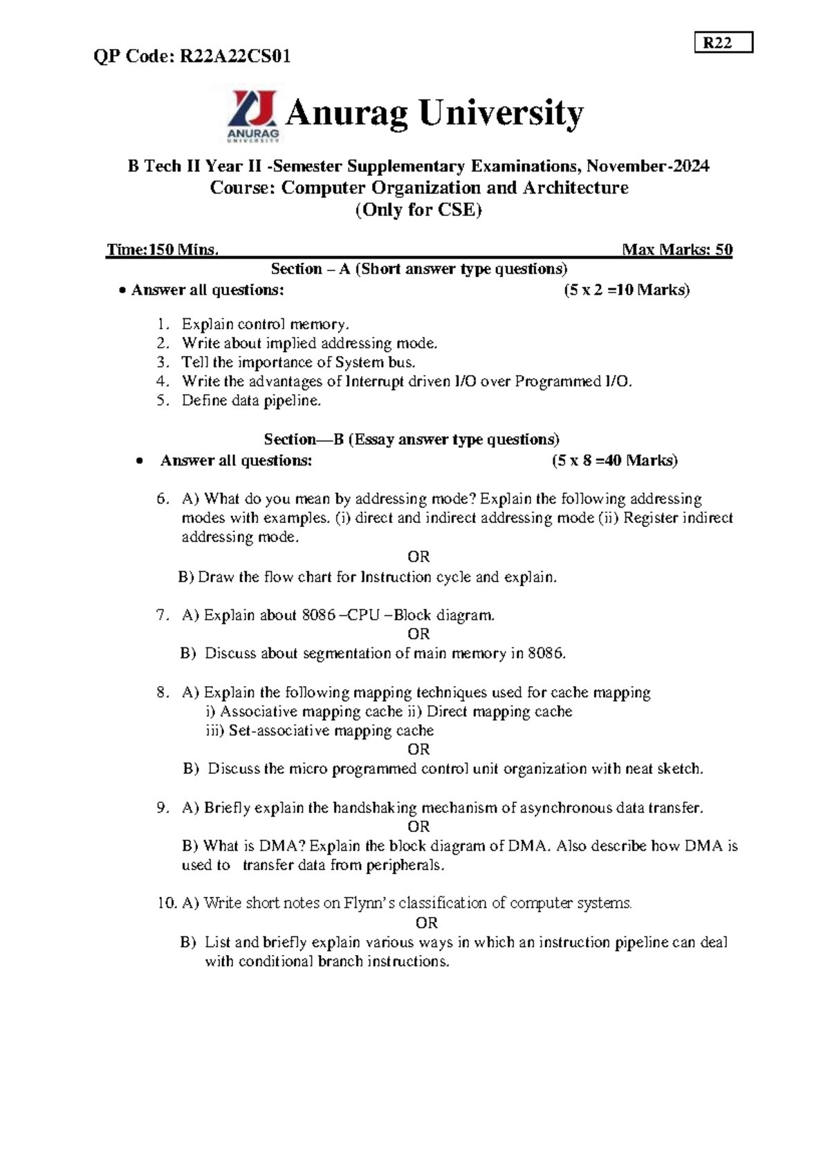 R22 & R20 B Tech II Year COA Supplementary Exam QP Notes - Studocu