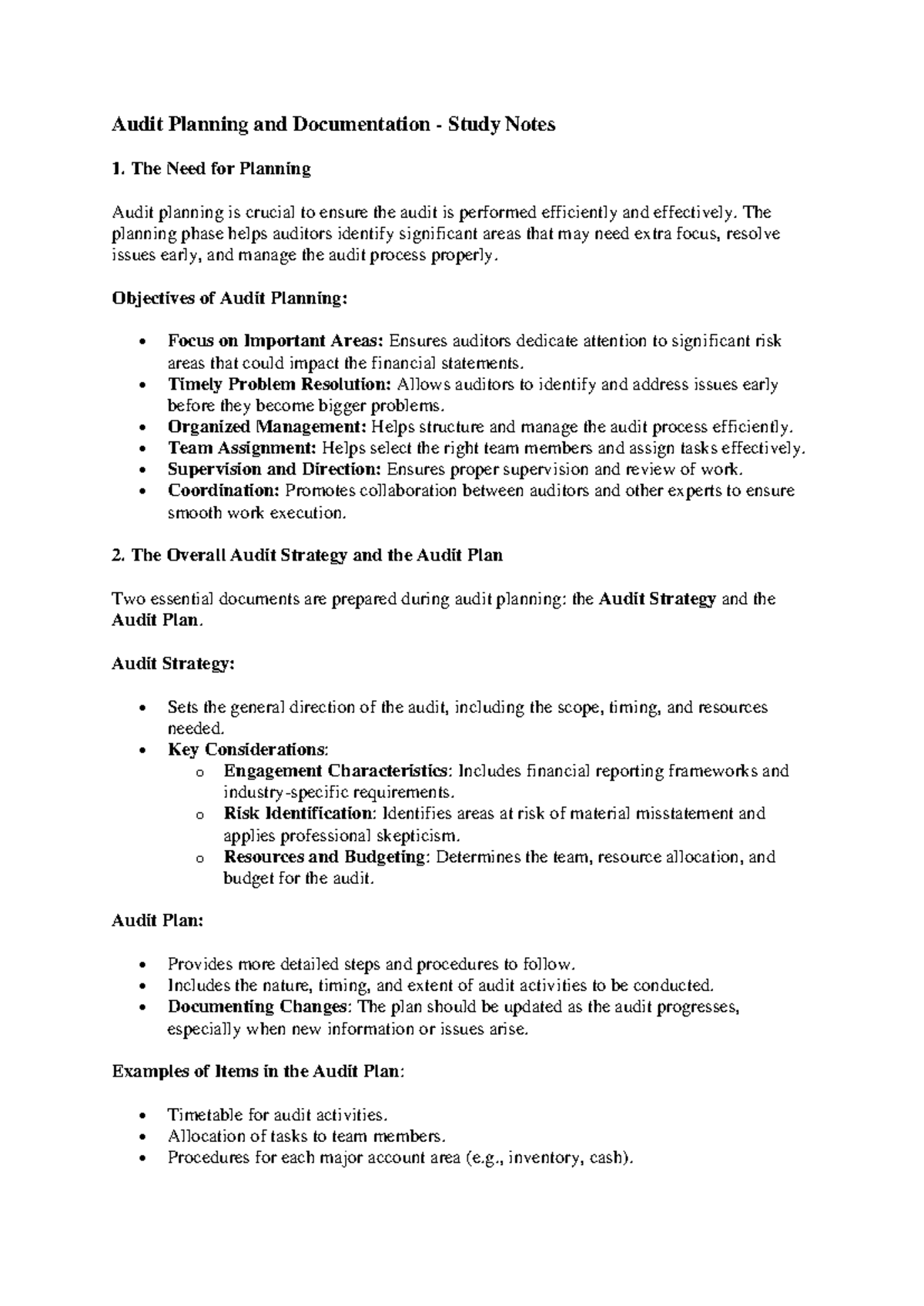 Audit Planning and Documentation Study Notes (Ch 7) - Studocu