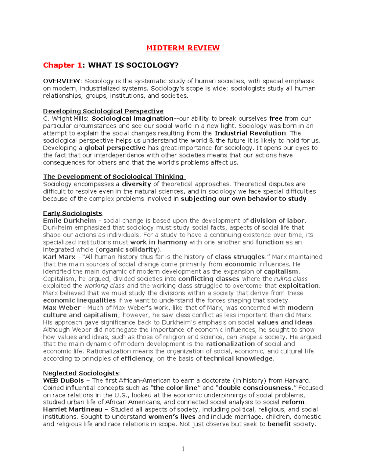 Sociology Midterm Exam Review (SOC 101) - Key Concepts and Theories ...