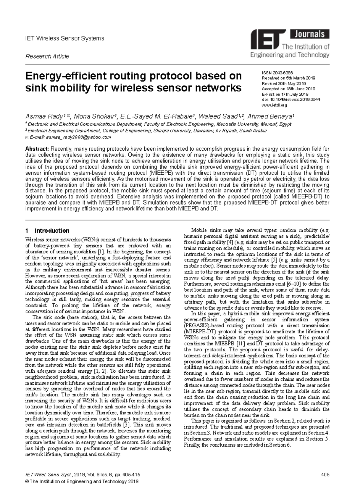 Energy-Efficient Routing Protocol Based on Sink Mobility for WSNs - Studocu
