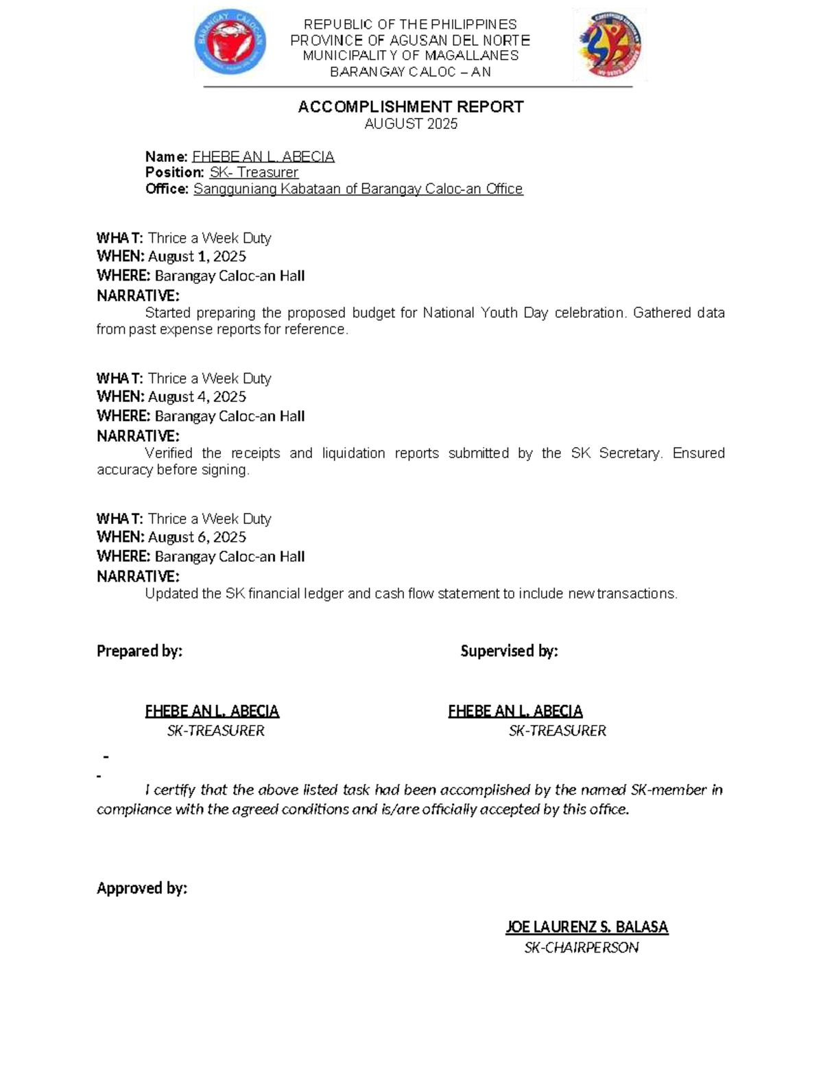 ACCOMPLISHMENT REPORT: SK Treasurer Duties - August 2025 - Studocu