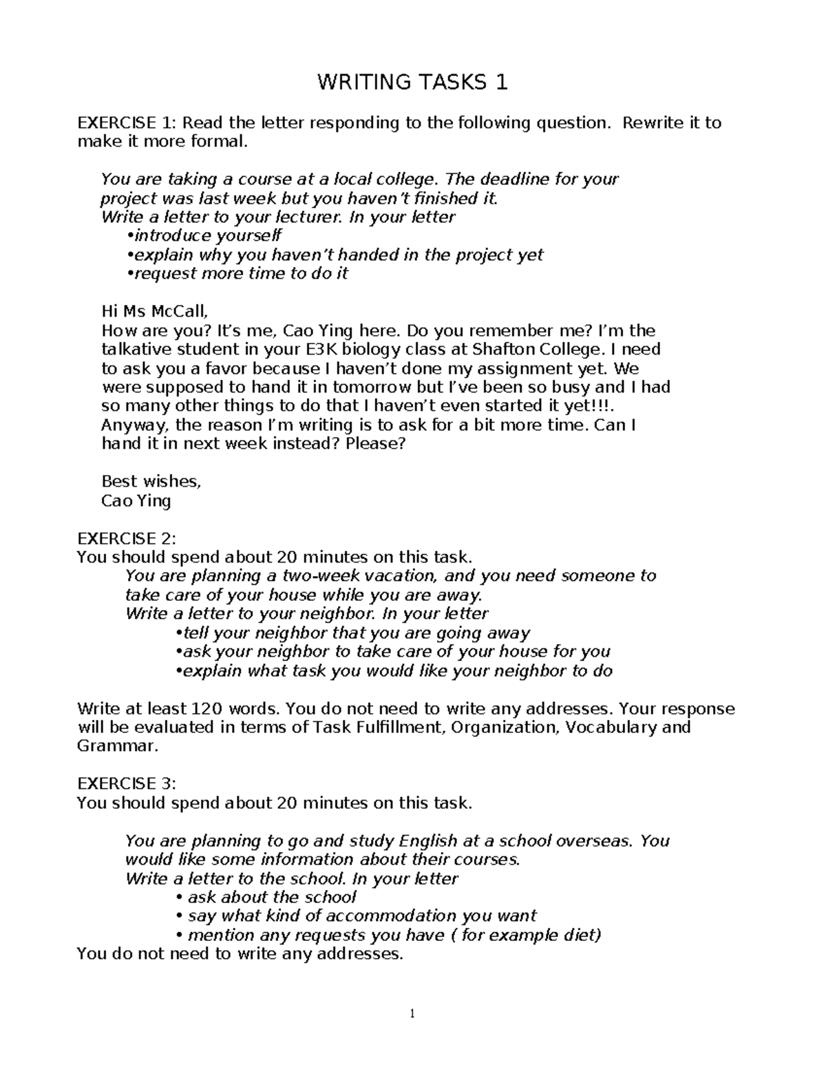 Writing Tasks 1 - Formal Letter Exercises for E3K Course - Studocu