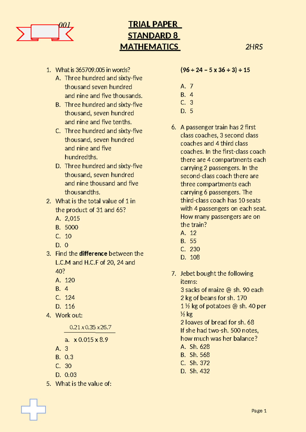 Mathematics - Practice questions - 001 TRIAL PAPER STANDARD 8 ...