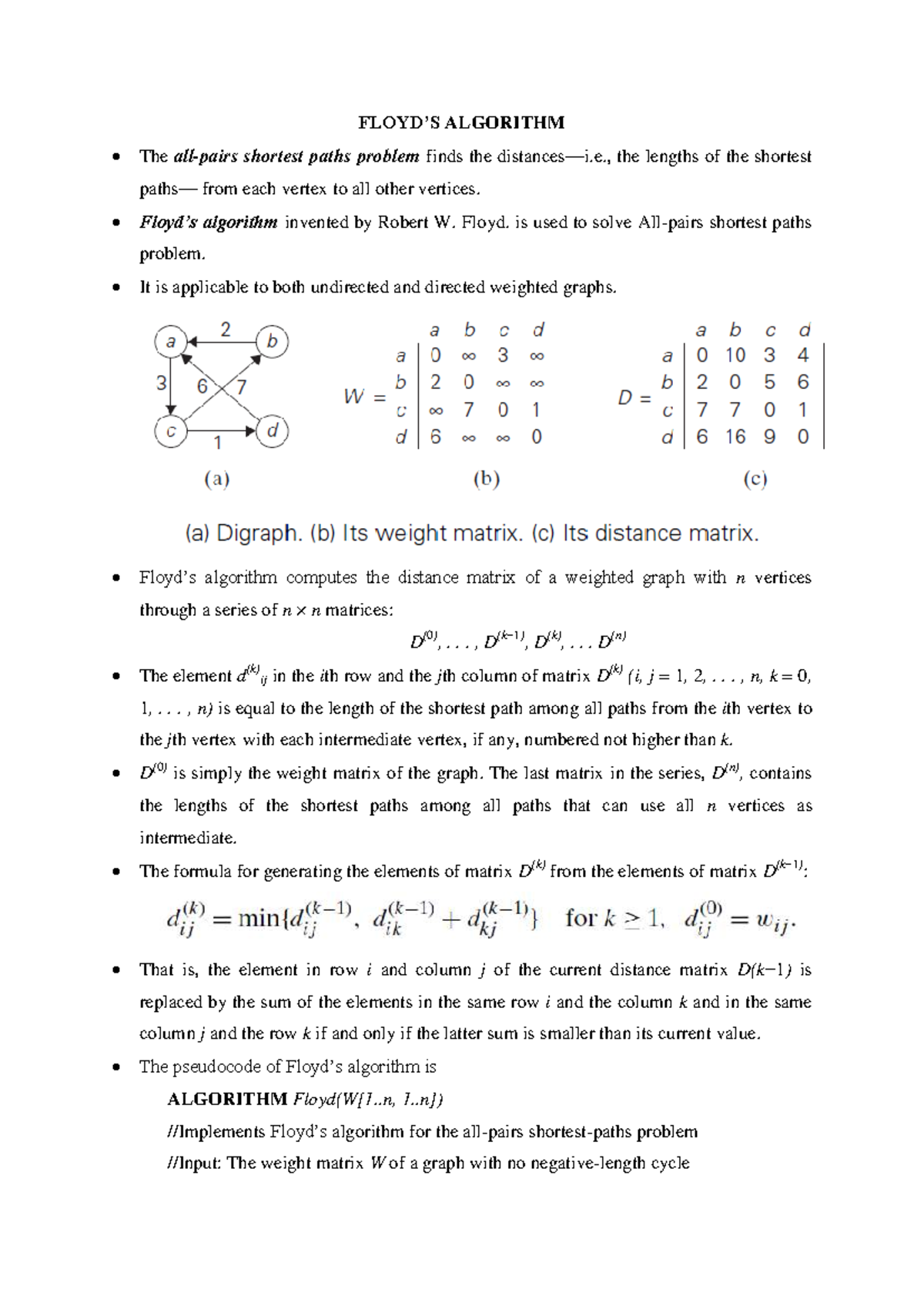 Floyd's Algorithm: Shortest Paths Problem (CS 101) - Studocu