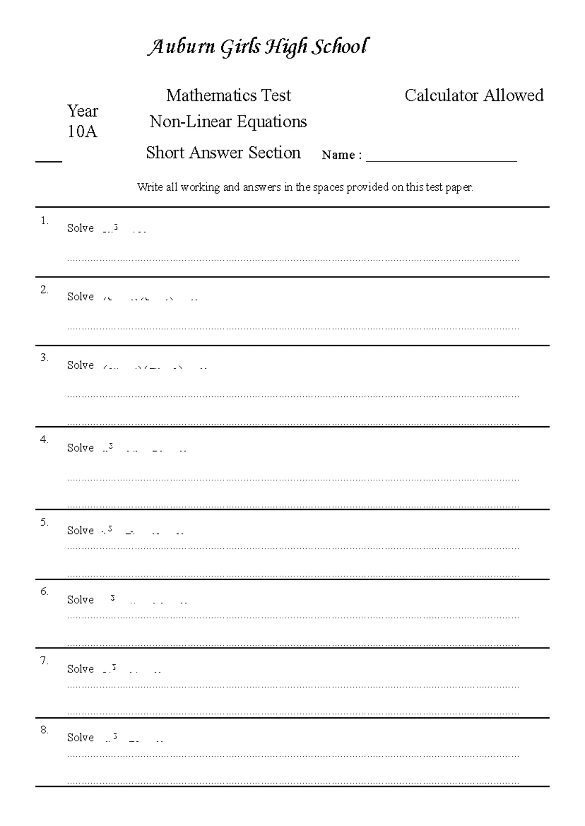 Non-Linear Equations Topic Test (Year 10A) - 2024 - Studocu