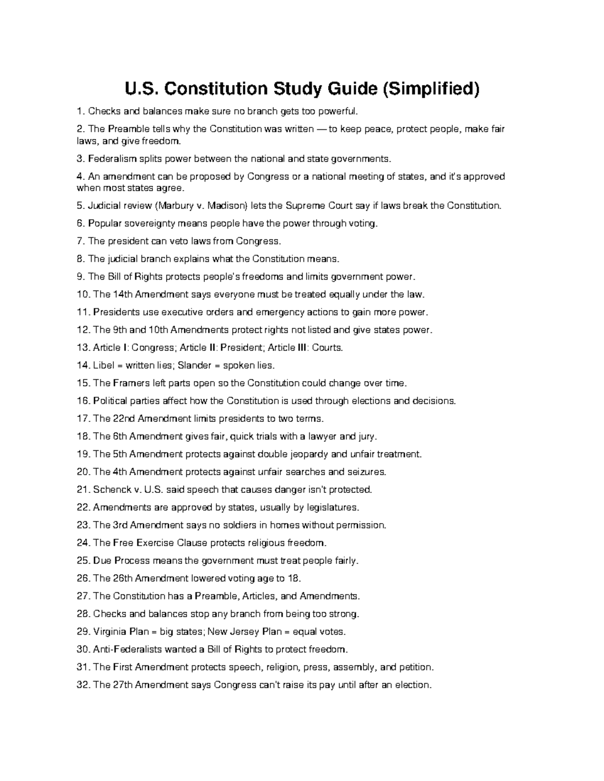 U.S. Constitution Study Guide: Key Principles & Amendments - Studocu