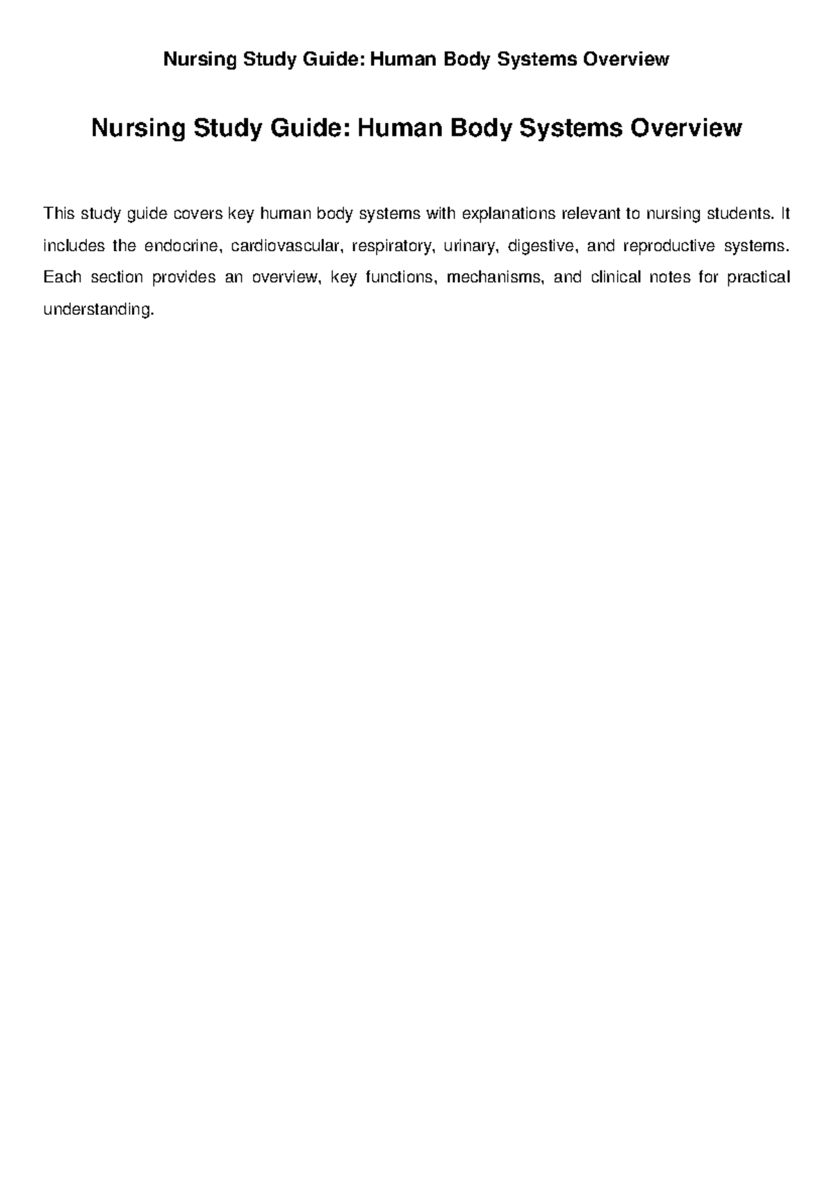 Nursing Study Guide: Overview of Human Body Systems for Students - Studocu
