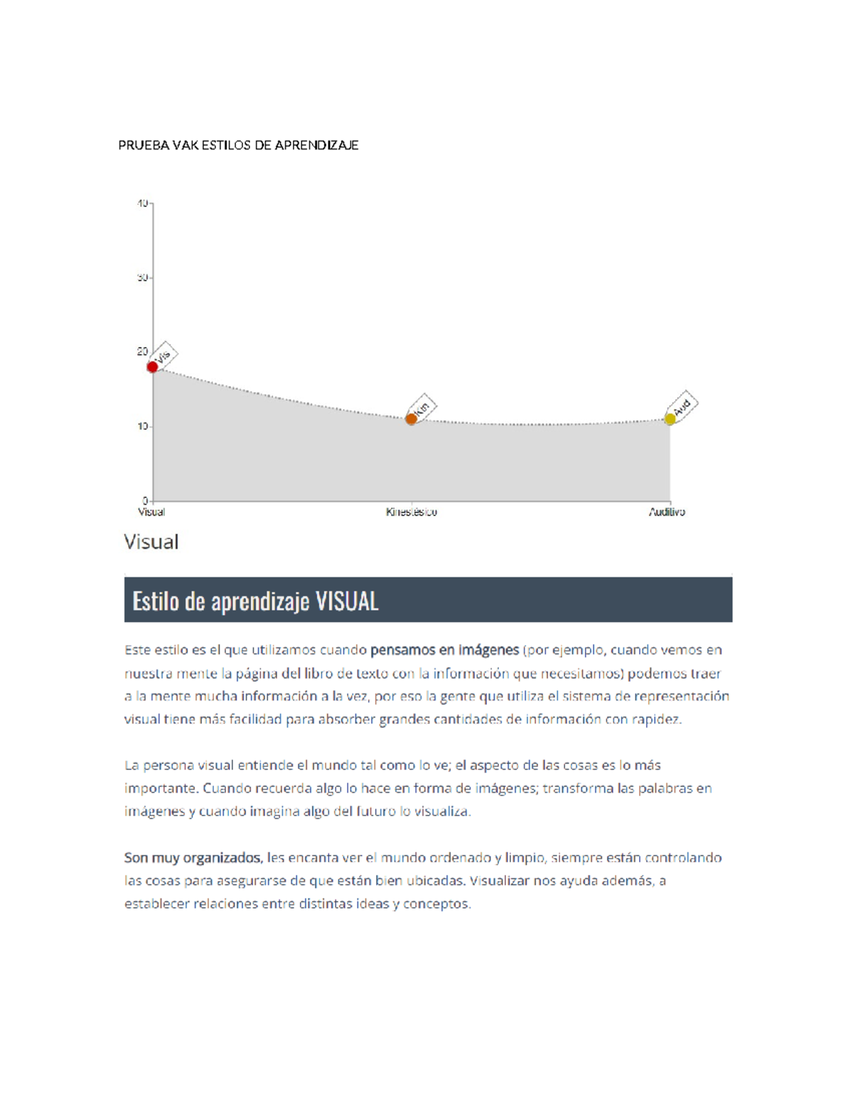 Prueba VAK: Estilos de Aprendizaje Visual y sus Características - Studocu