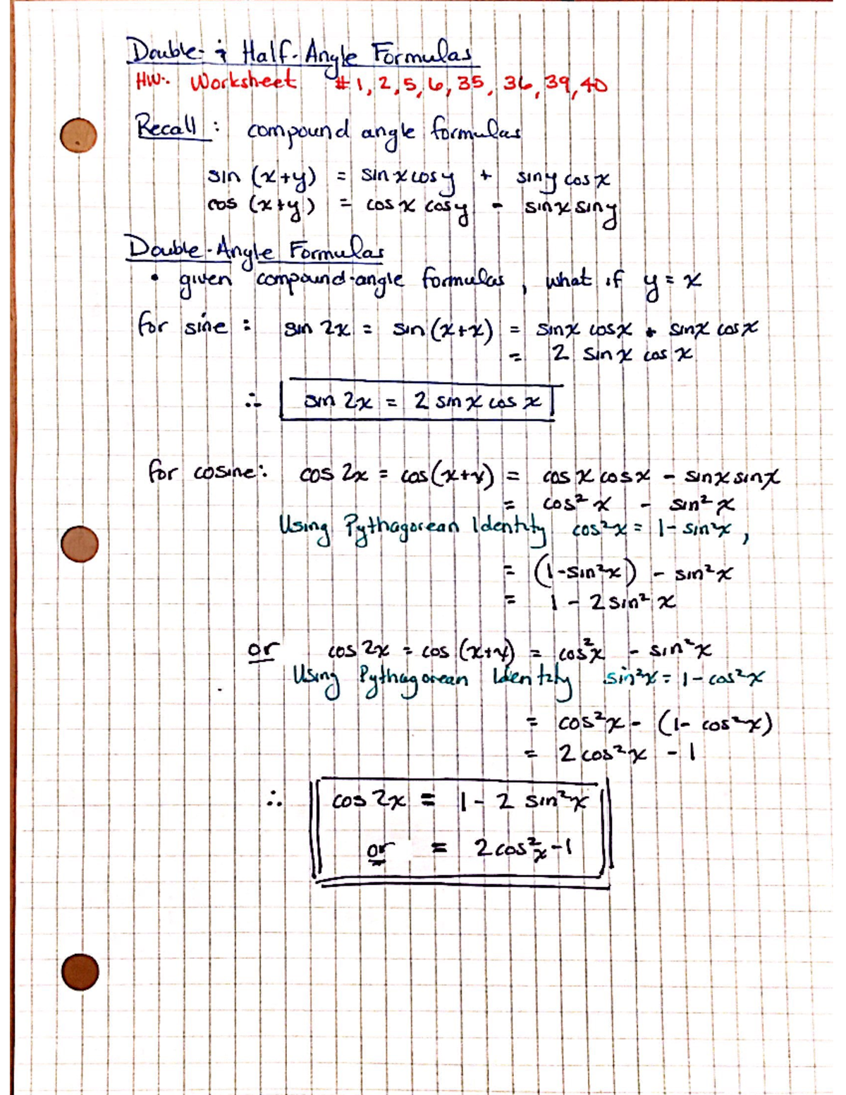MATH 101: Double & Half-Angle Identities Worksheet - Studocu