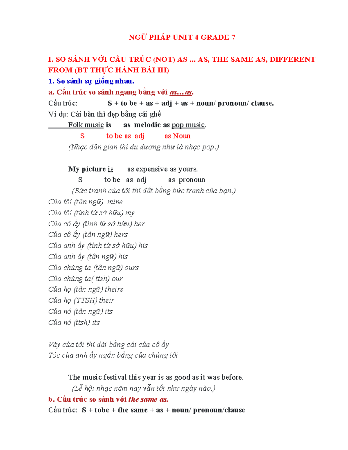 NGỮ PHÁP UNIT 4 GRADE 7 - TEST NOTES ON COMPARISONS - Studocu