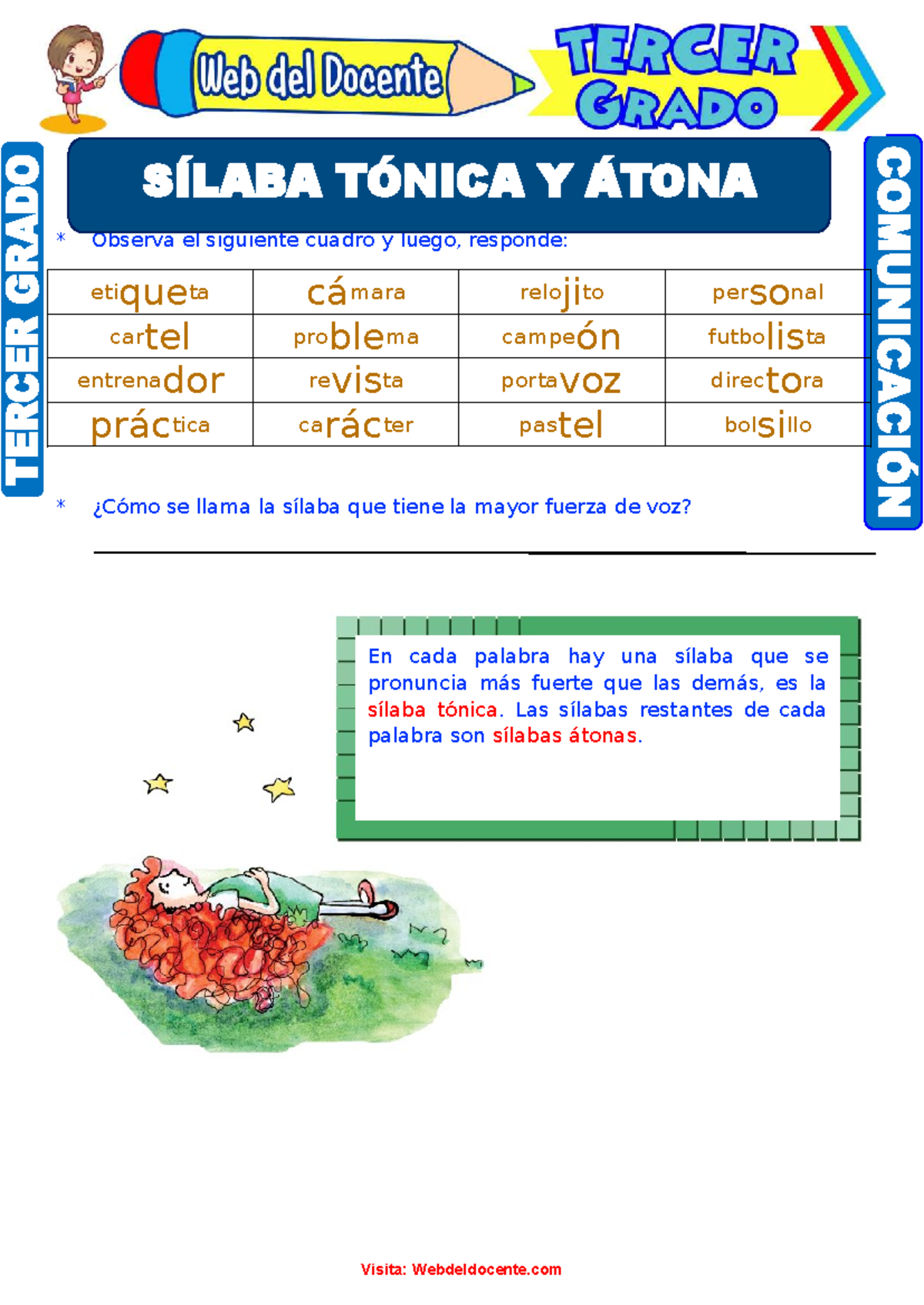 Sílaba Tónica y Átona: Actividades para 3er Grado de Primaria - Studocu