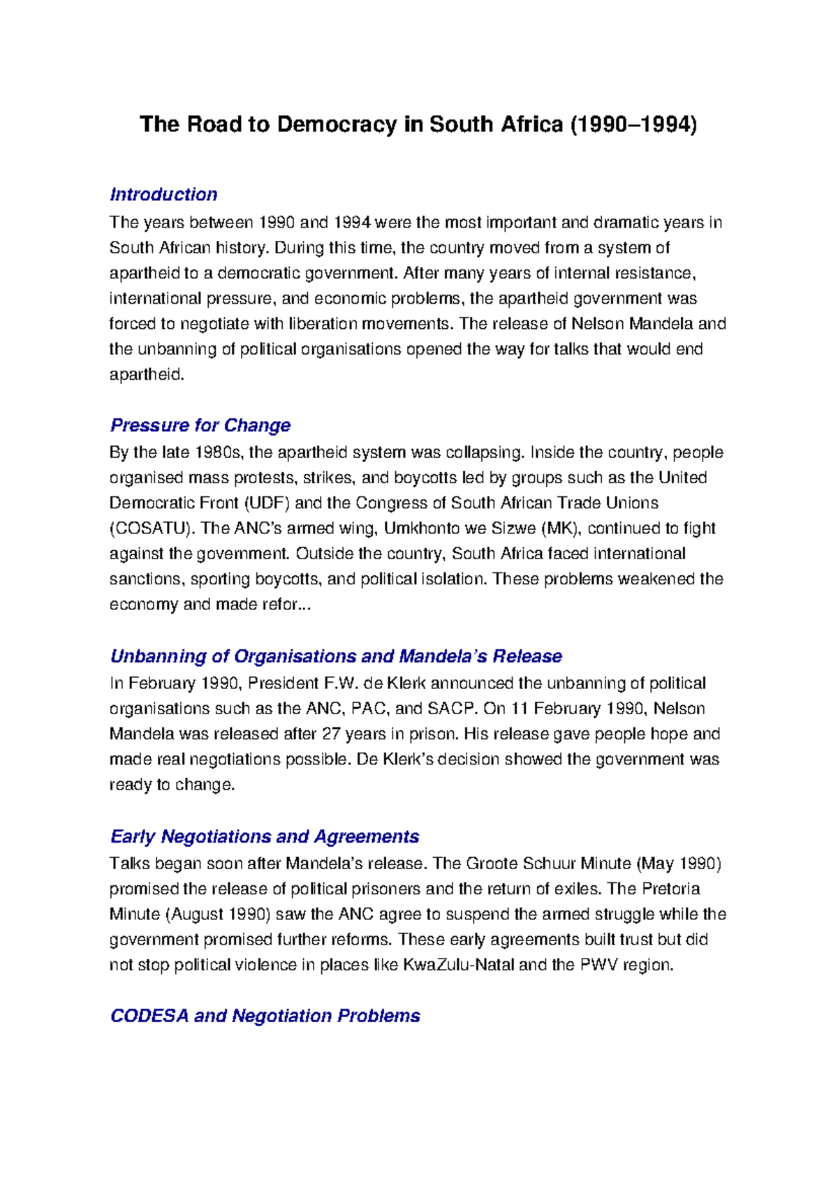 Road to Democracy in South Africa: Grade 12 Essay Notes - Studocu