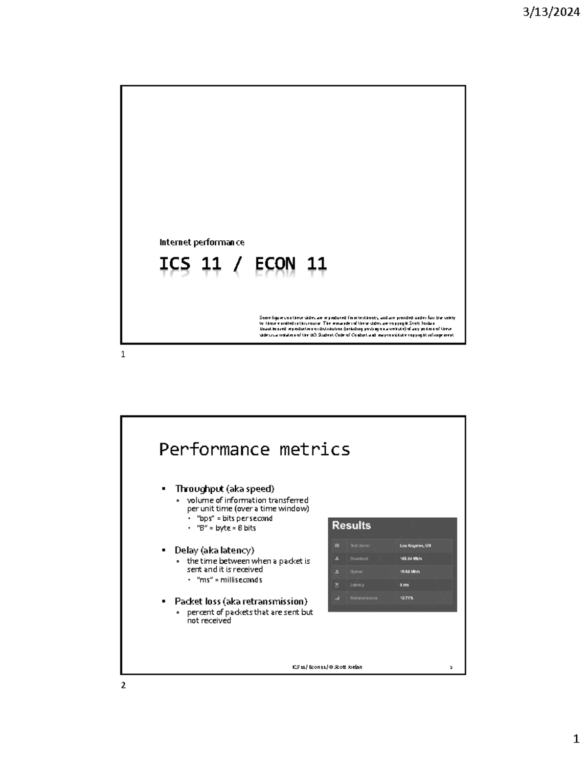 ICS 11 / ECON 11 Lecture Notes: Understanding Internet Performance ...