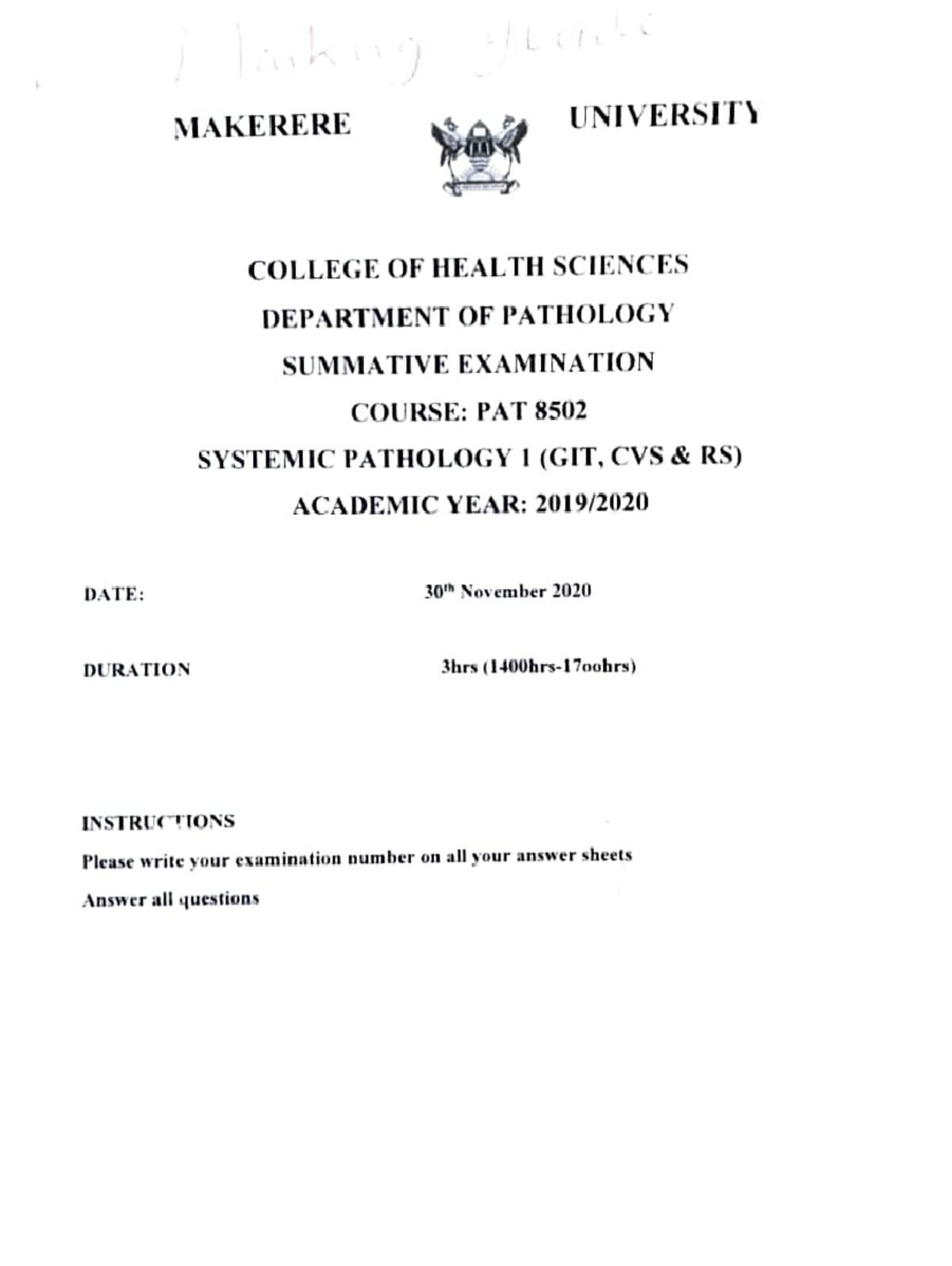 Pathology Summative 1 2019 CVS GIT RS - ####### UNIVERSITY MAKERERE ...