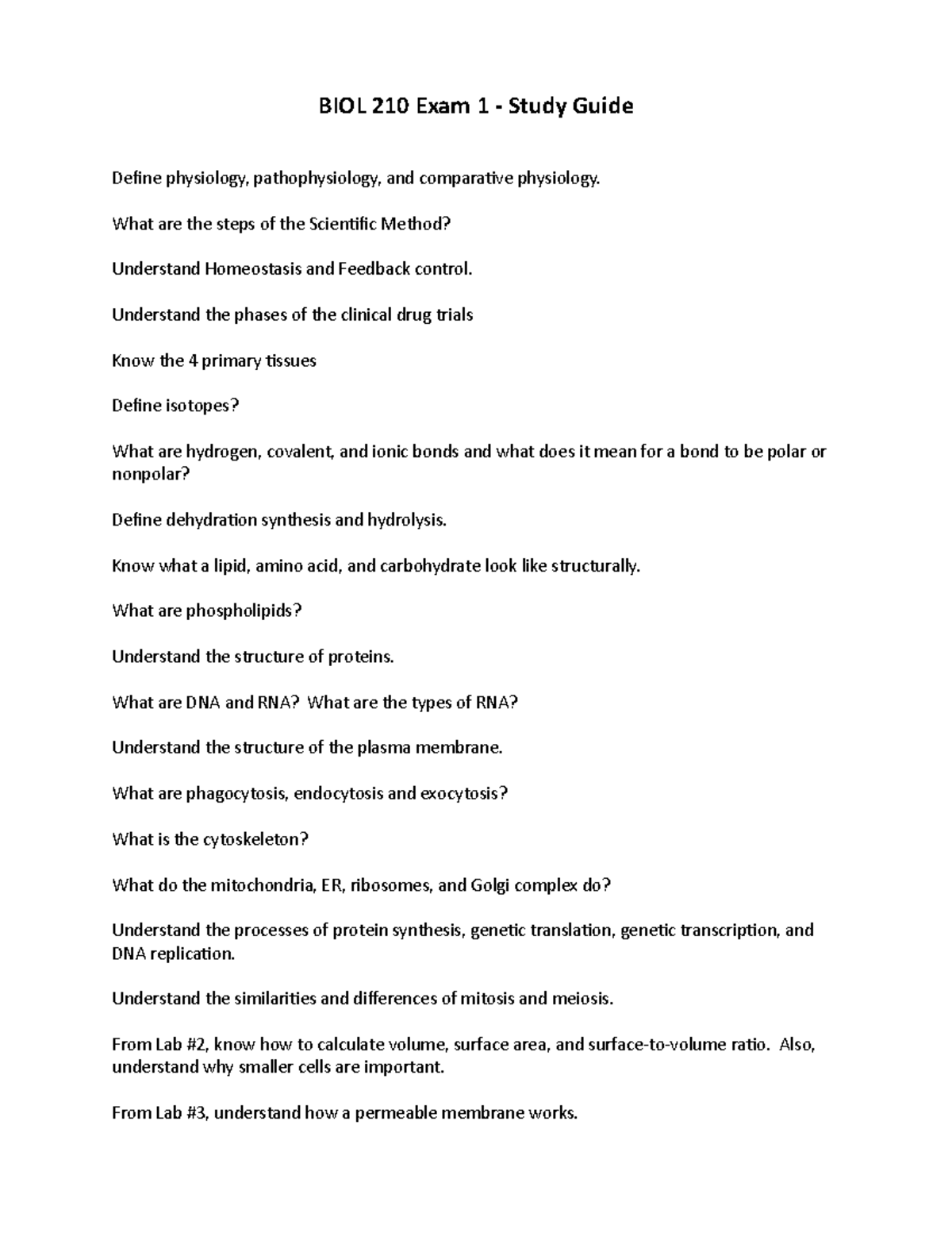 BIOL 210 Exam 1 - Comprehensive Study Guide on Physiology and Cell ...