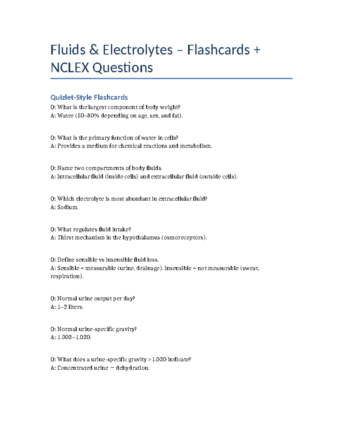 Fluids & Electrolytes NCLEX Flashcards for Exam Prep - Studocu