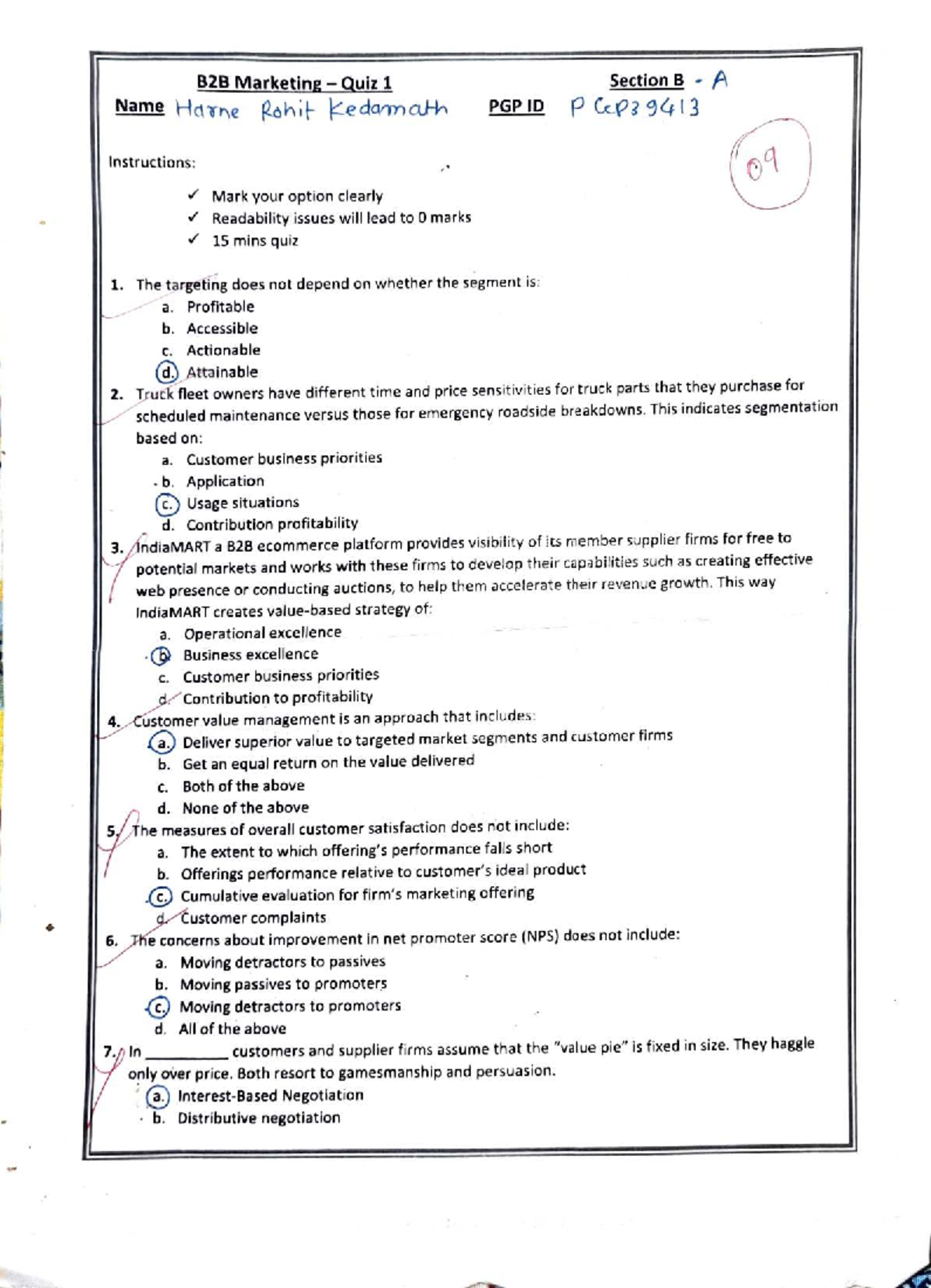 B2B Quiz 1 - Section B Practice Questions and Answers - Studocu