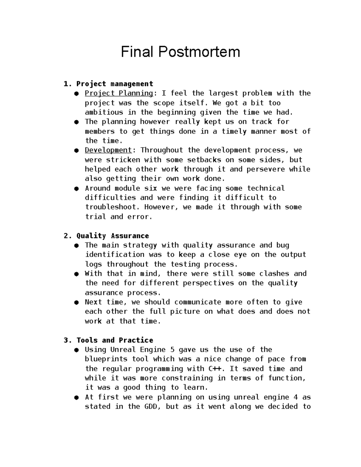 Final Project Postmortem Analysis and Lessons Learned - Studocu
