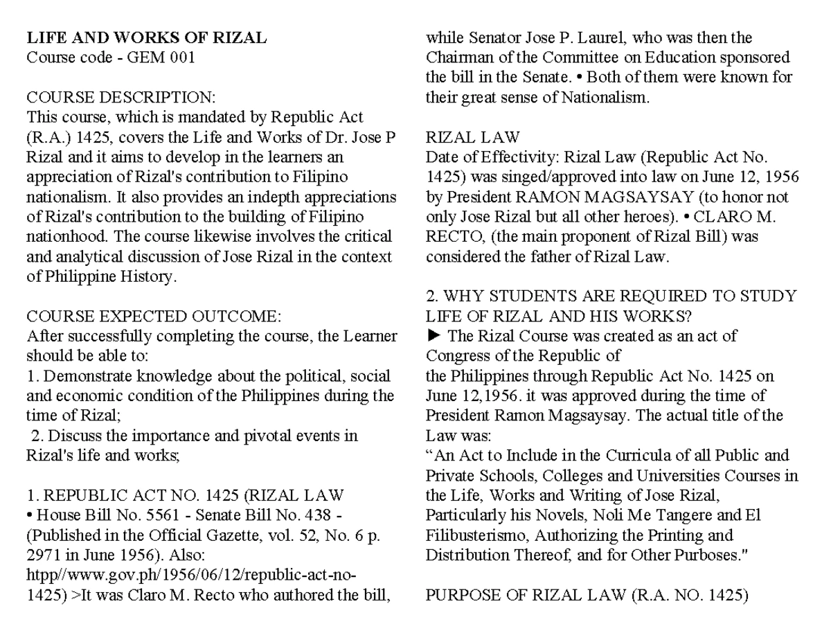 Rizal-1: Summary of the Life and Works of Jose Rizal - Studocu