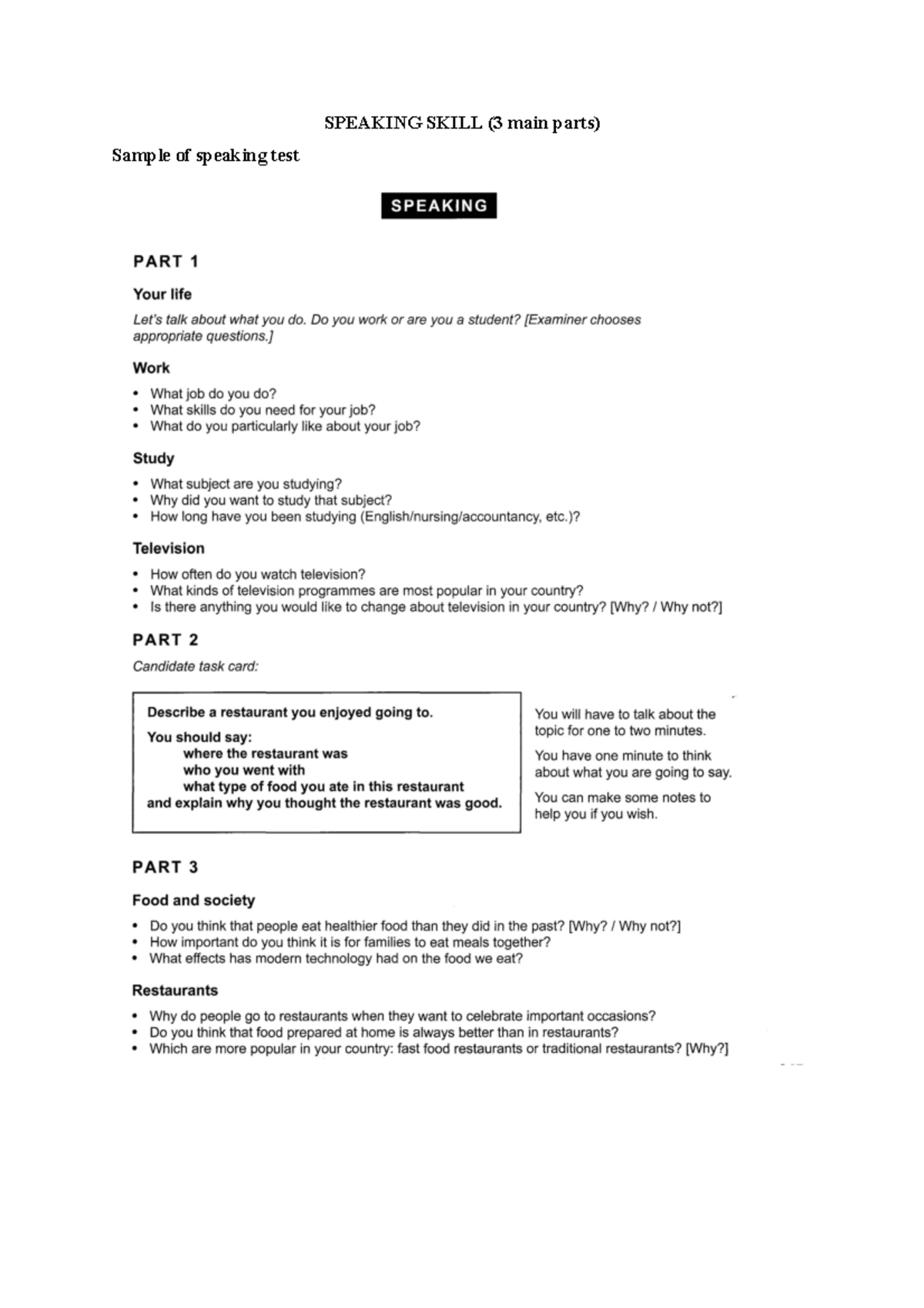 Speaking- Skill - SPEAKING SKILL (3 main parts) Sample of speaking test ...