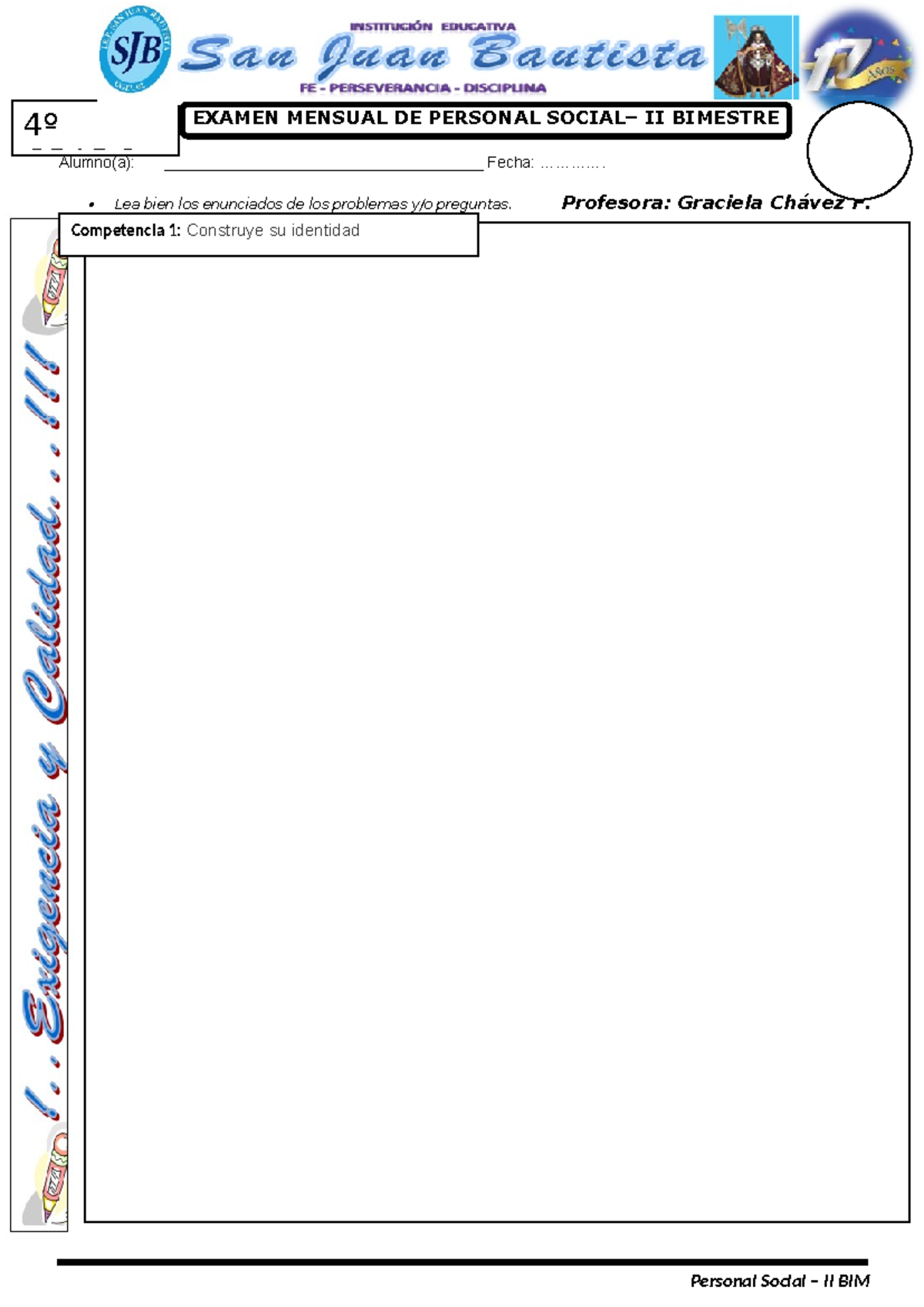 Examen mensual de personal social II - Bim 4: Acuerdos de convivencia ...