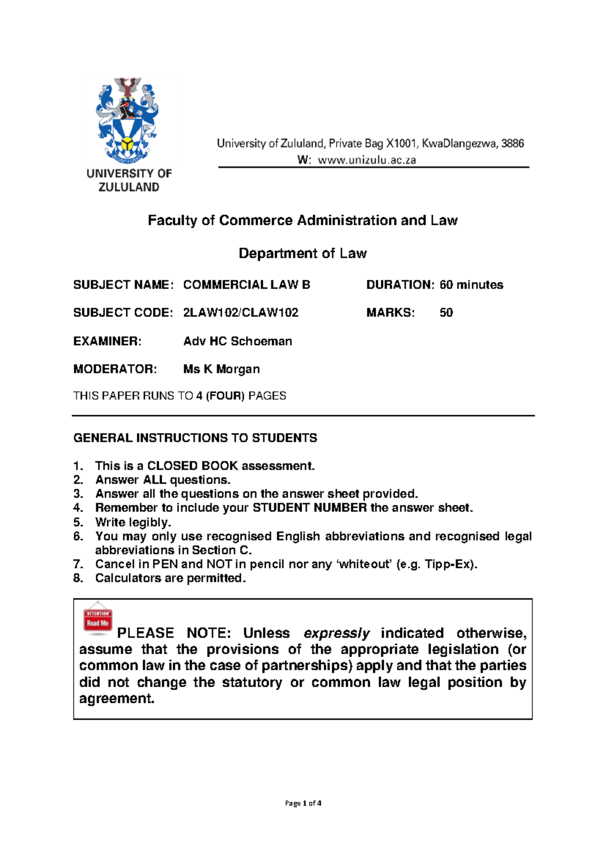2LAW102 - Commercial Law B Exam Instructions and Question Guide - Studocu