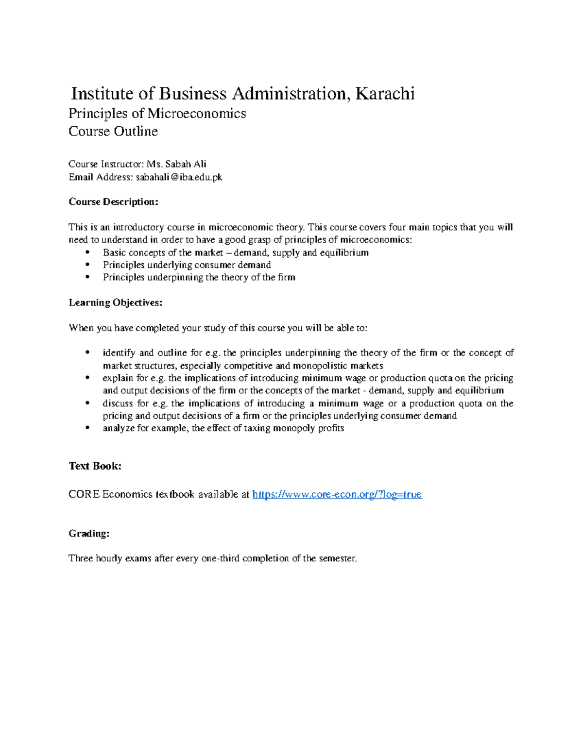Course Outline - Microeconomics (ECO 101) - IBA, Karachi - Studocu
