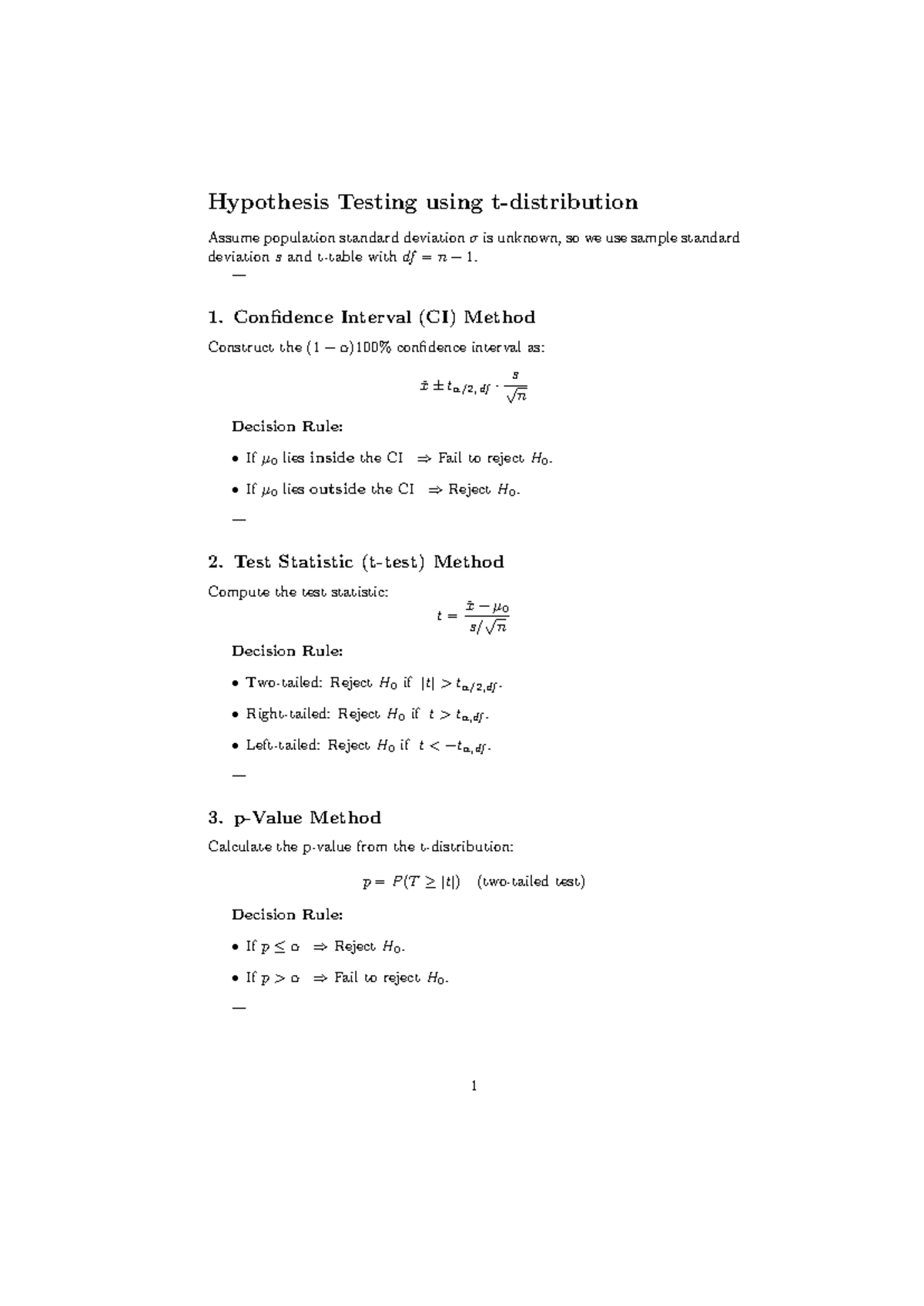 Hypothesis Testing: CI & Test Statistic Methods (Stat 101) - Studocu