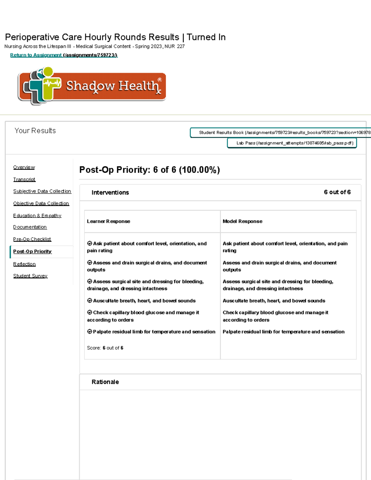 Sonia Best Perioperative Shadow Health postop priority Perioperative