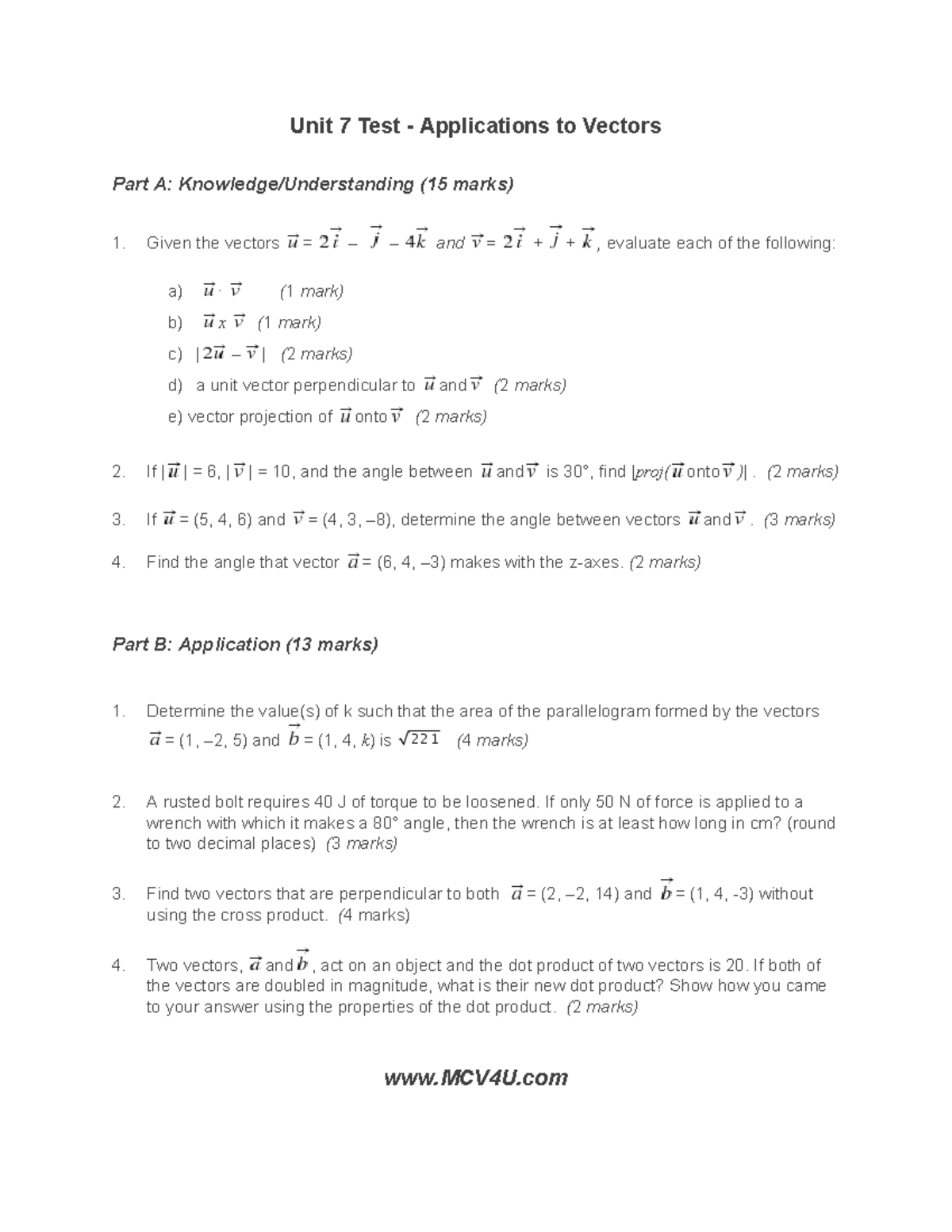 Unit 7 Test: Applications to Vectors (Part A-D) - 15 Marks Each - Studocu