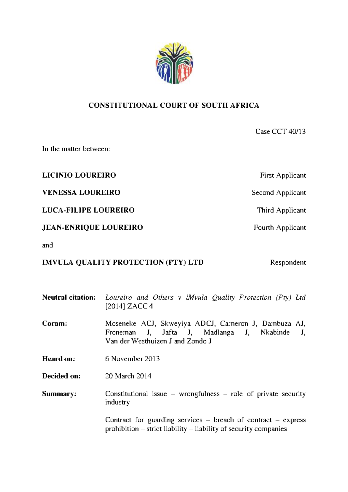 Loureiro v iMvula Quality Protection Services: A Case Review (CCT 40/14 ...