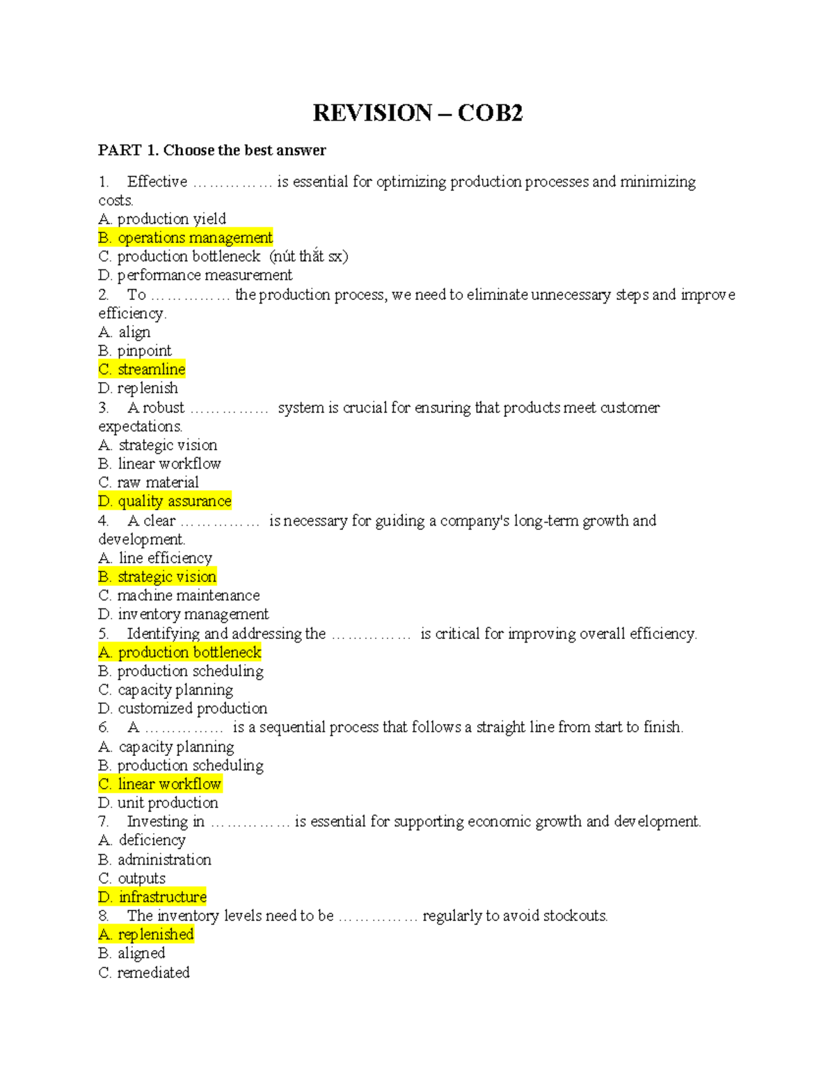 Revision - ôn tập cob2 - REVISION – COB PART 1. Choose the best answer ...