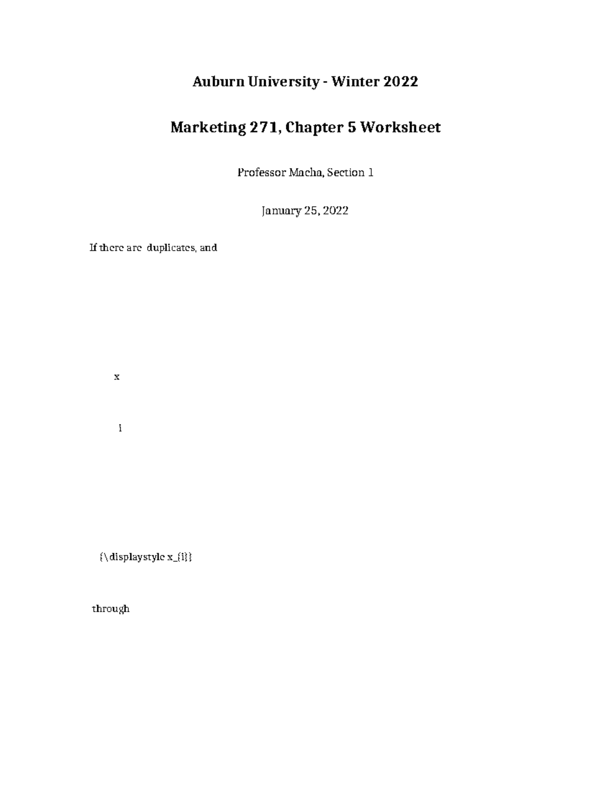 Marketing 271 Chapter 5 Worksheet - Auburn University - Winter 2022 ...
