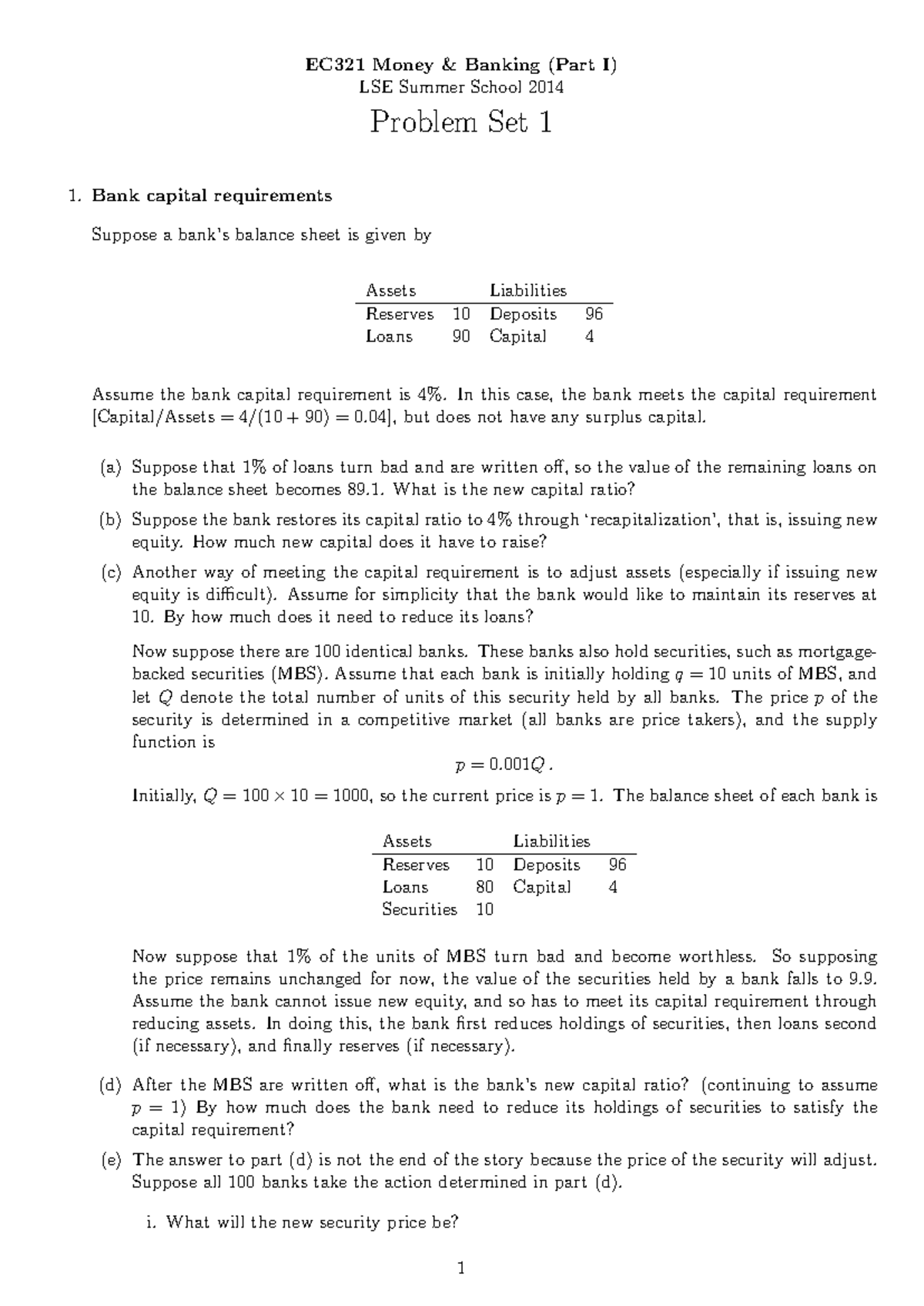 EC321 Money Banking - Summer School 2014 Problem Set 1 Analysis - Studocu