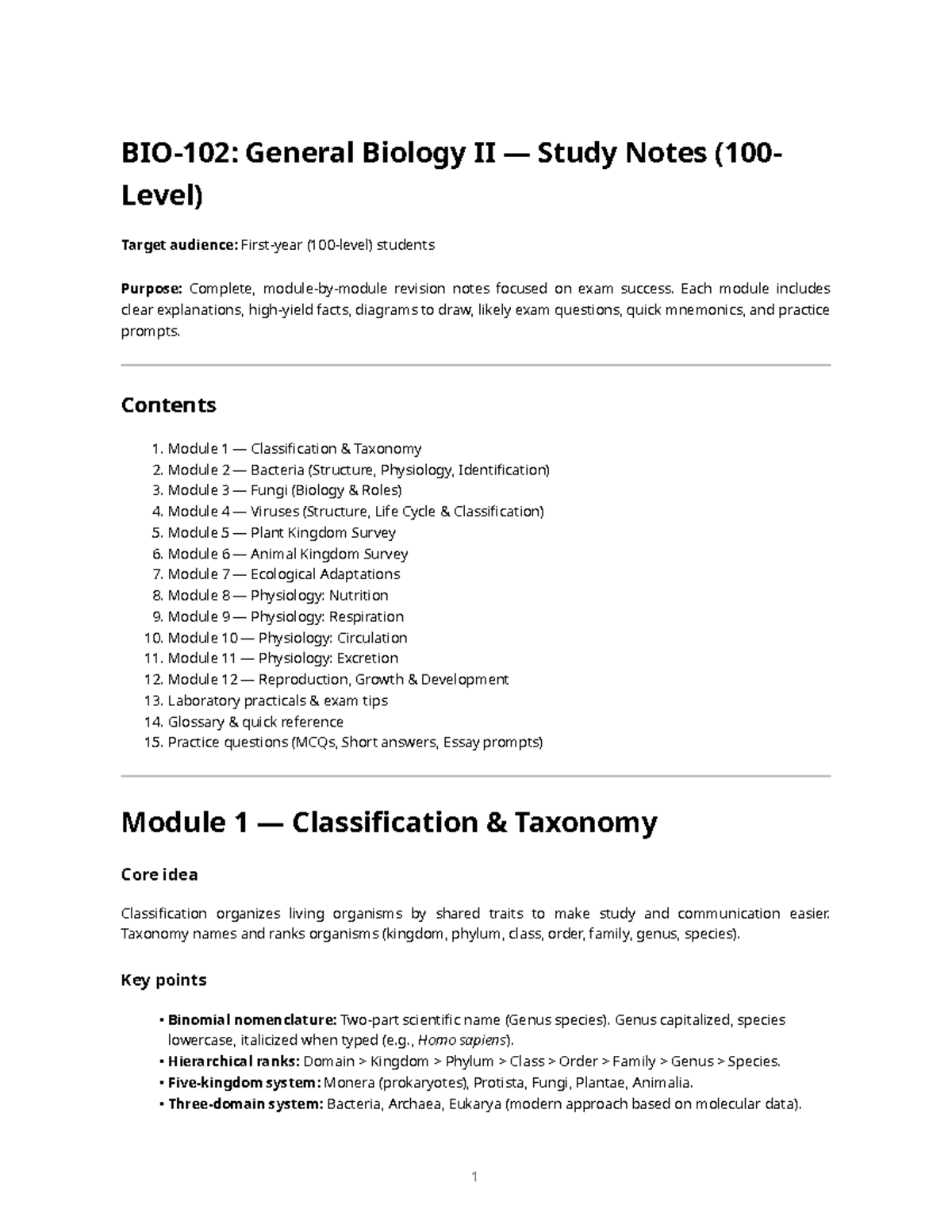 Bio 102 General Biology Ii Exam Study Notes For 100 Level Students