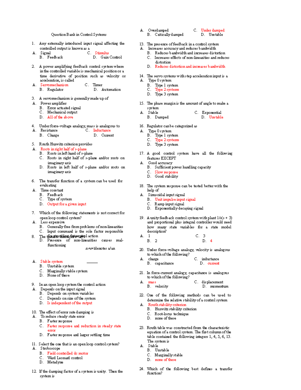 Control Systems Question Bank (Course Code: CS101) - Studocu