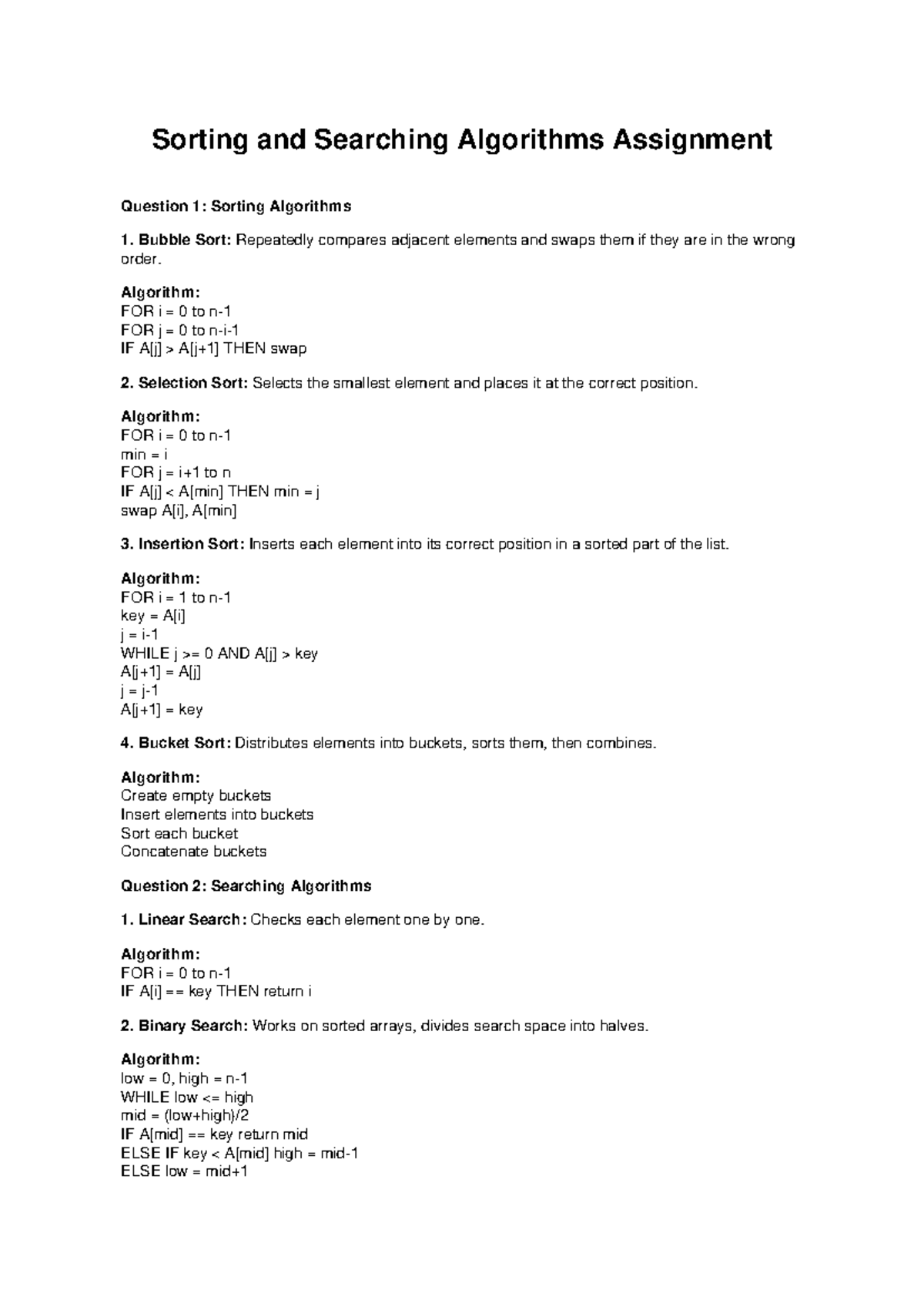 Sorting and Searching Algorithms Assignment: Key Concepts and Methods ...