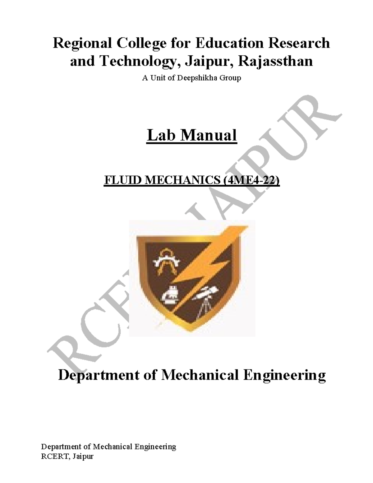 FM Lab Manual: Fluid Mechanics Experiments - RCERT Jaipur - Studocu