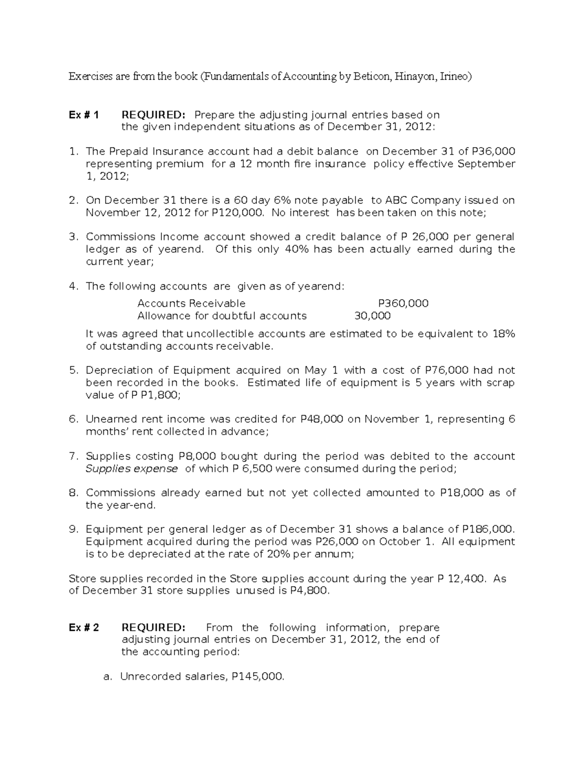 Adjusting Journal Entries Exercises Acc 101 Year End 2012 Studocu