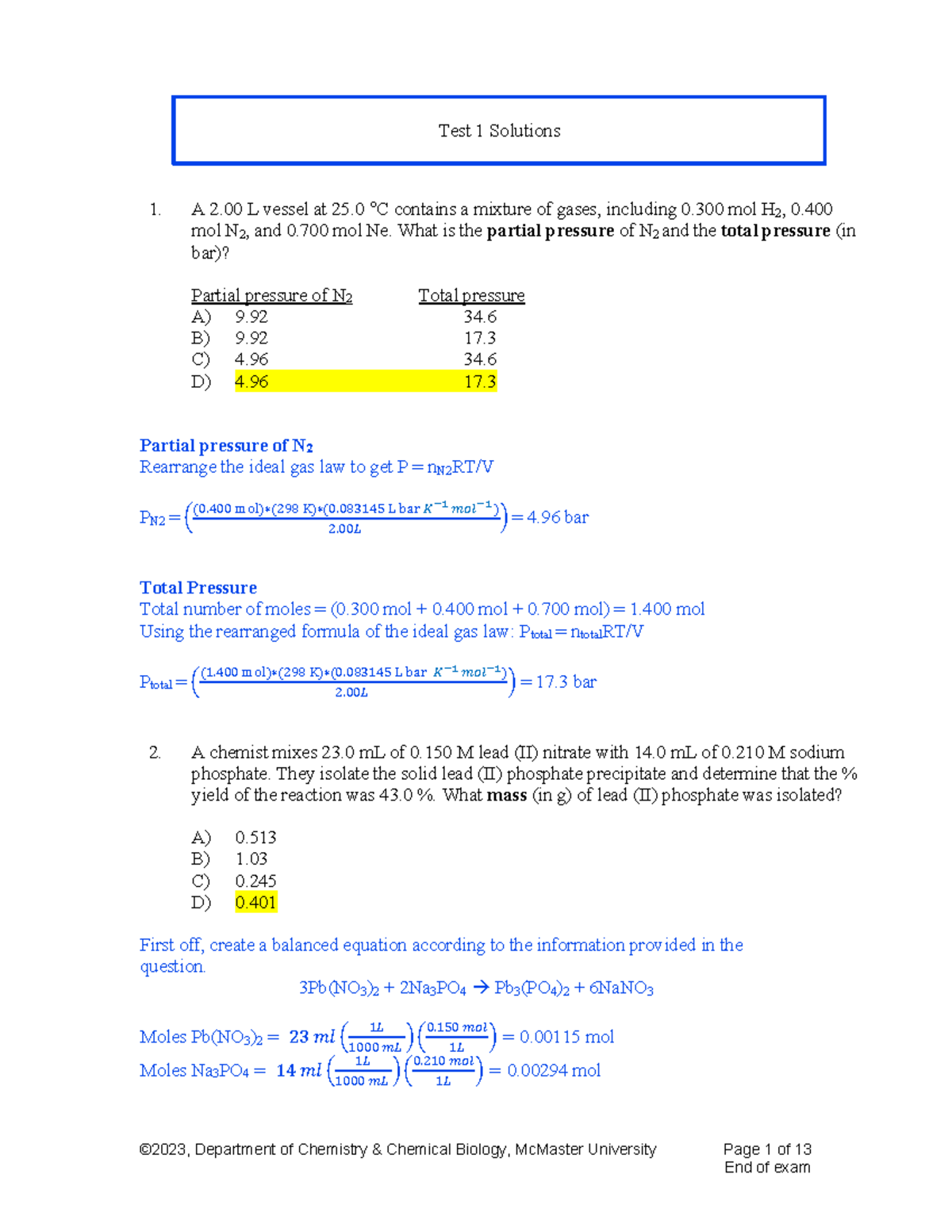 CHEM 1A03 Midterm #1 2023 - Solutions and Explanations - Studocu