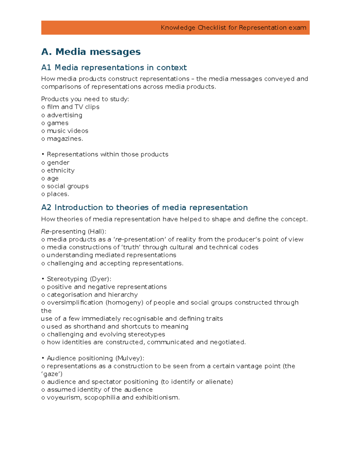 Revision Checklist for Representation Exam A & B - Studocu