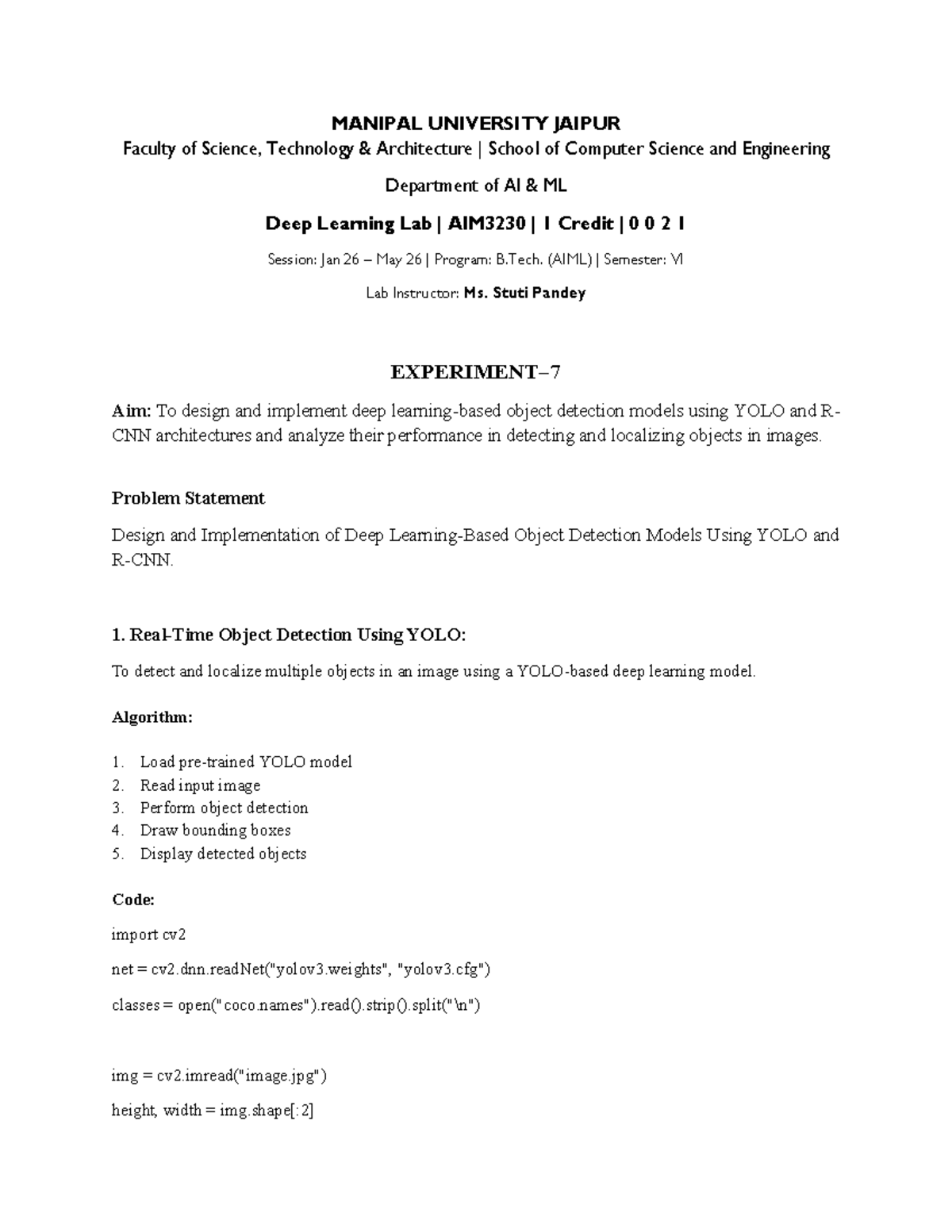 AIM3230 Lab Experiment 7: Deep Object Detection with YOLO & RCNN - Studocu