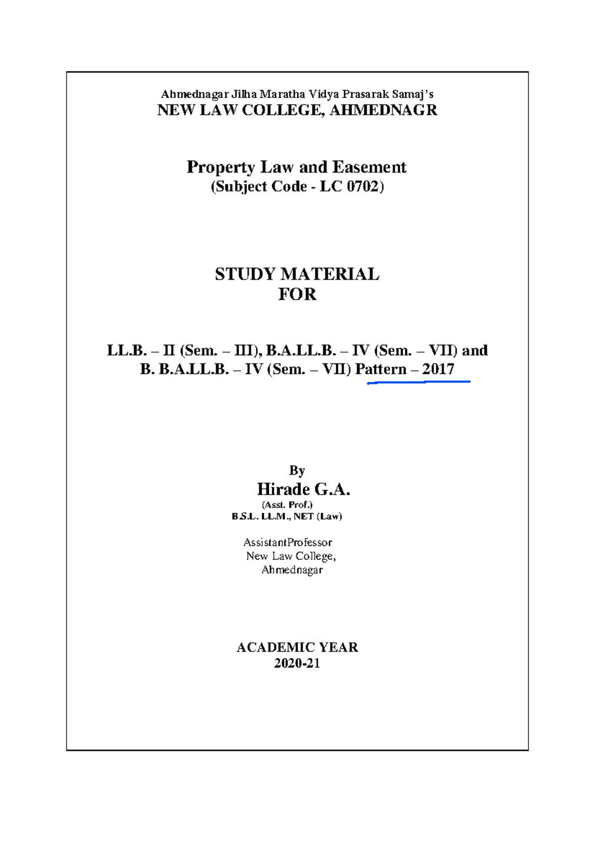 Property Law and Easement Study Material (LC 0702) for LL.B. II - Studocu