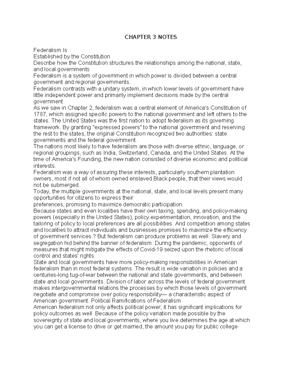 CHAPTER 3 NOTES: Federalism and Its Political Implications - Studocu
