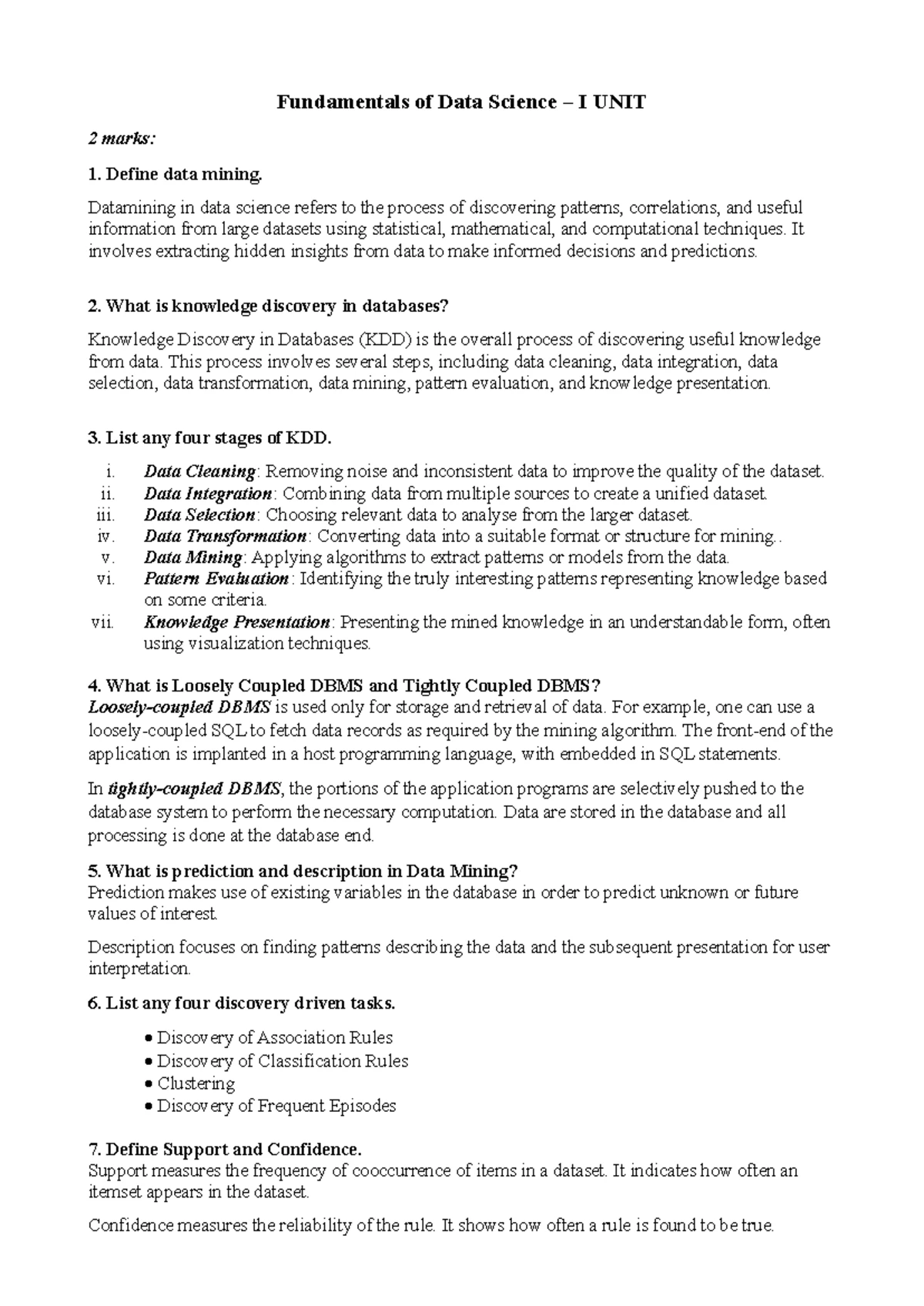 FDS - II UNIT 2: Comprehensive Study Material on Data Warehousing ...