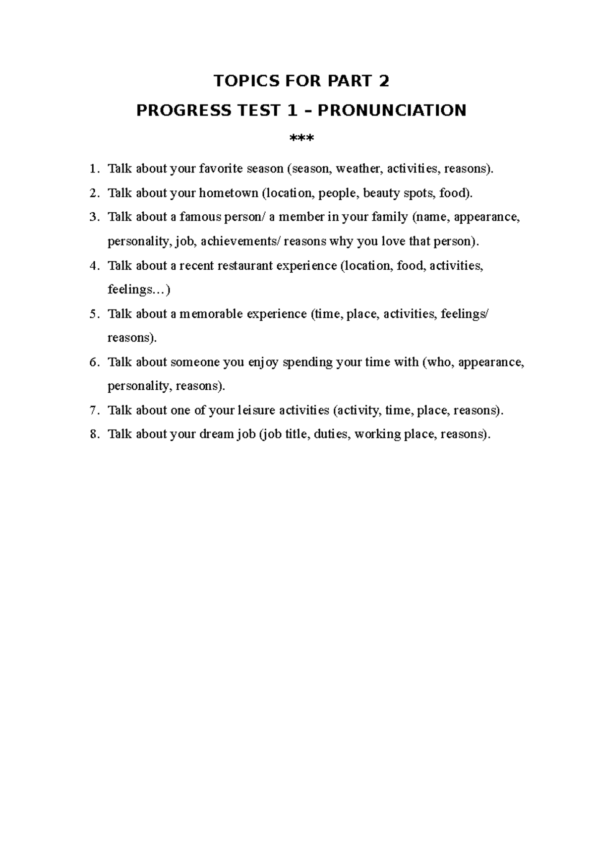 Topics FOR PART 2 - Summary Tiếng Anh 1 - TOPICS FOR PART 2 PROGRESS ...